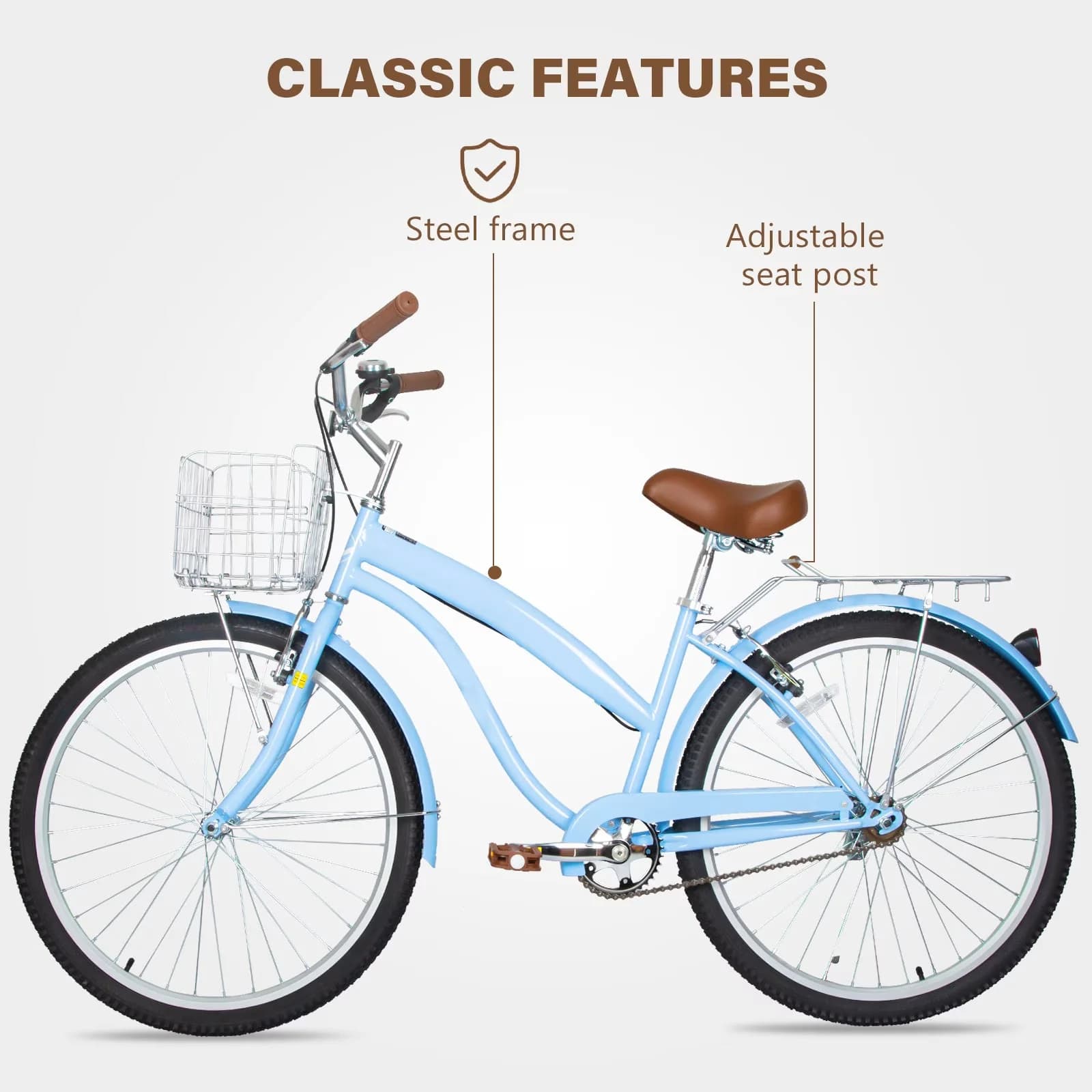 Modern Cruiser Bike with Adjustable Seat, 26 in Beach Bicycle - Blue 60-72 Model 201FFF