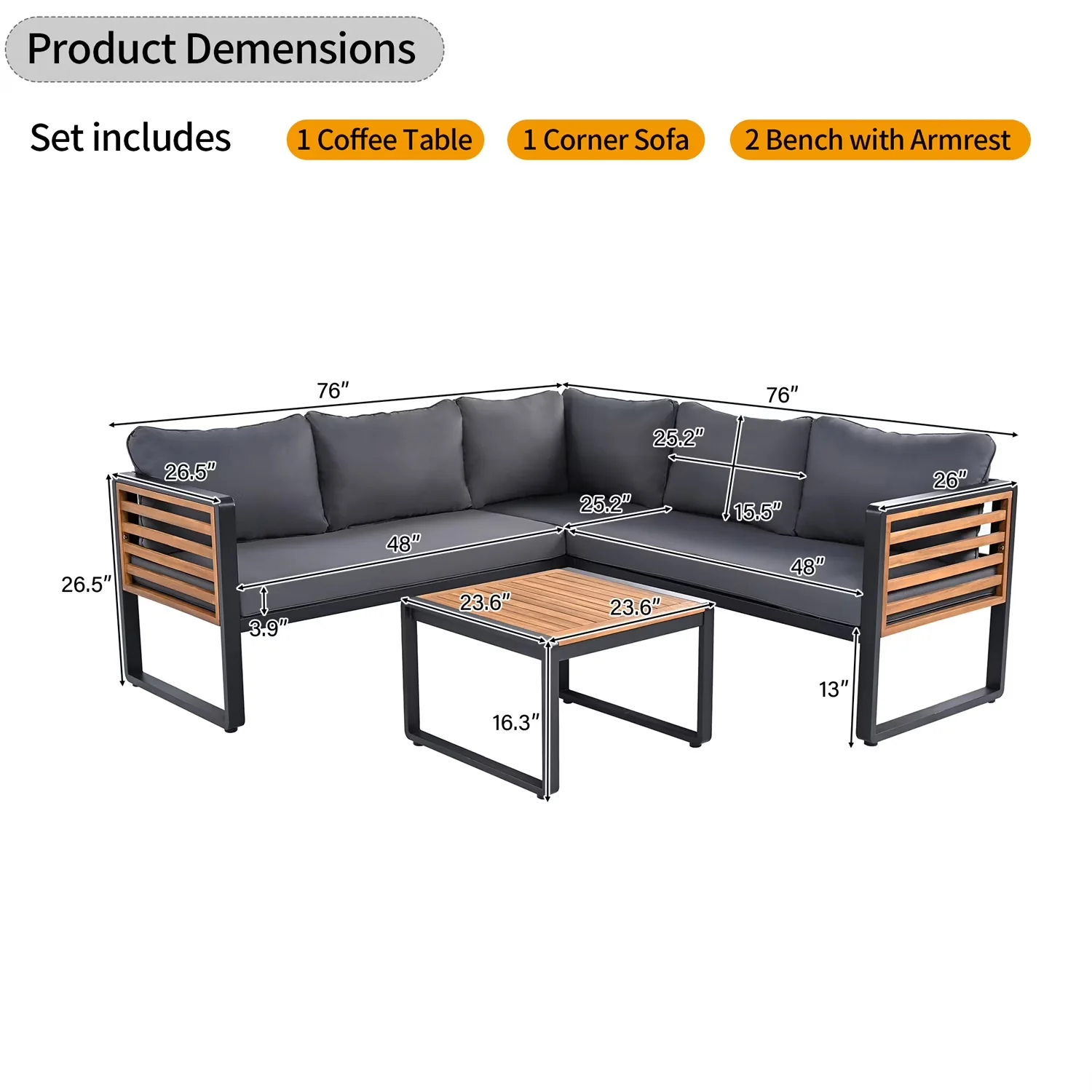 Reliable Outdoor Sofas Sectional with Weatherproof, Portable, Black Metal Frame - Gray#03 Acacia Wood,Iron,Polyester for Garden Model 1CE647