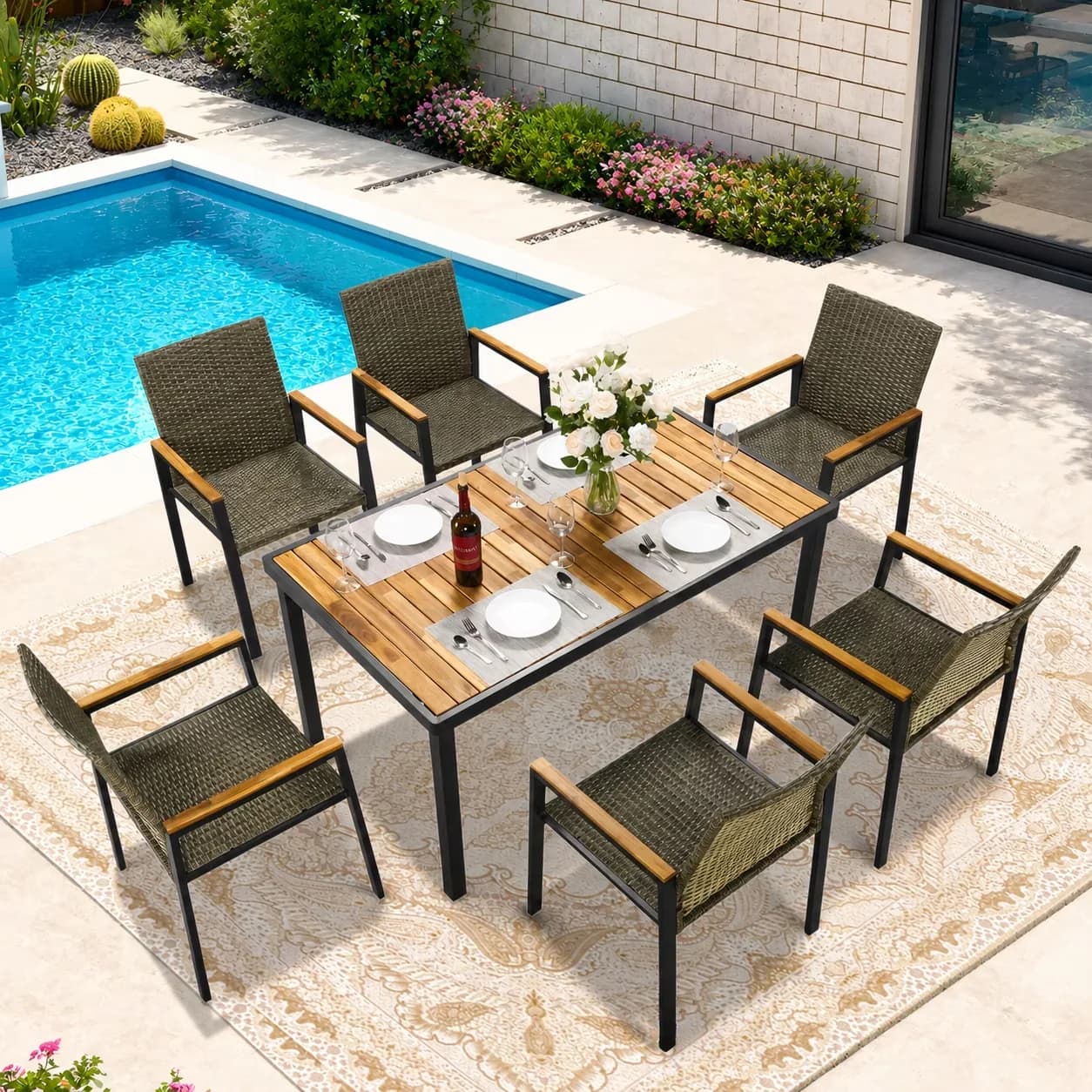 Quality Patio Conversation Set with Weatherproof, Acacia Wood Top - Pe Wicker + Steel Frame + Polyester+Sponge+Acacia Wood... Model 4BC3DA