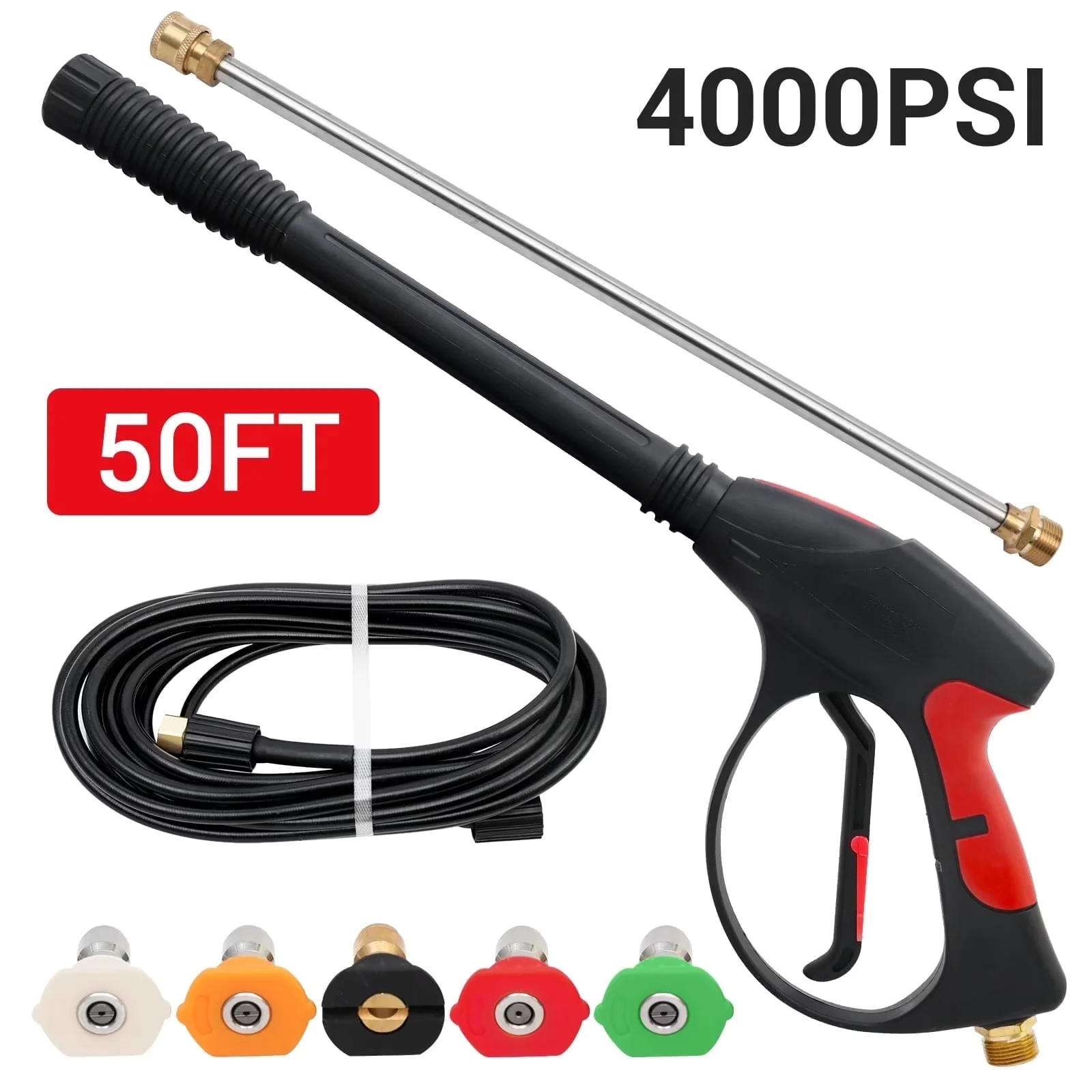 Pressure Washer Versatile with Quick Connect Tips, Power Gun Handle Car Wash Spray Gun Kit, 5 Spray Patterns - 5 Nozzles+50Ft Hose Kit Model 0350E6
