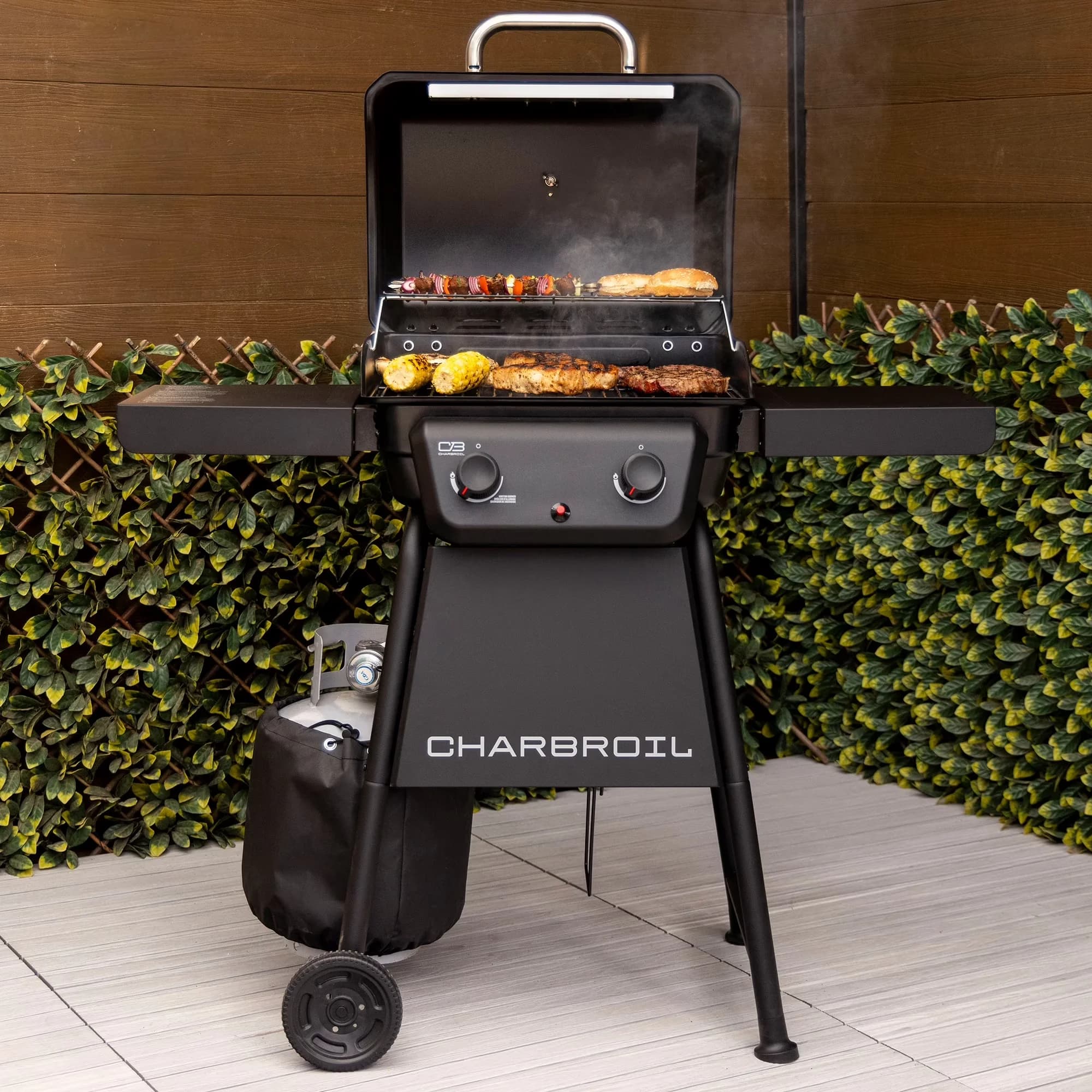 Quality Gas Grill with Heat Thermometer, Warming Rack, Wheels for easy portability - Black Heavy Duty Steel Model D54013