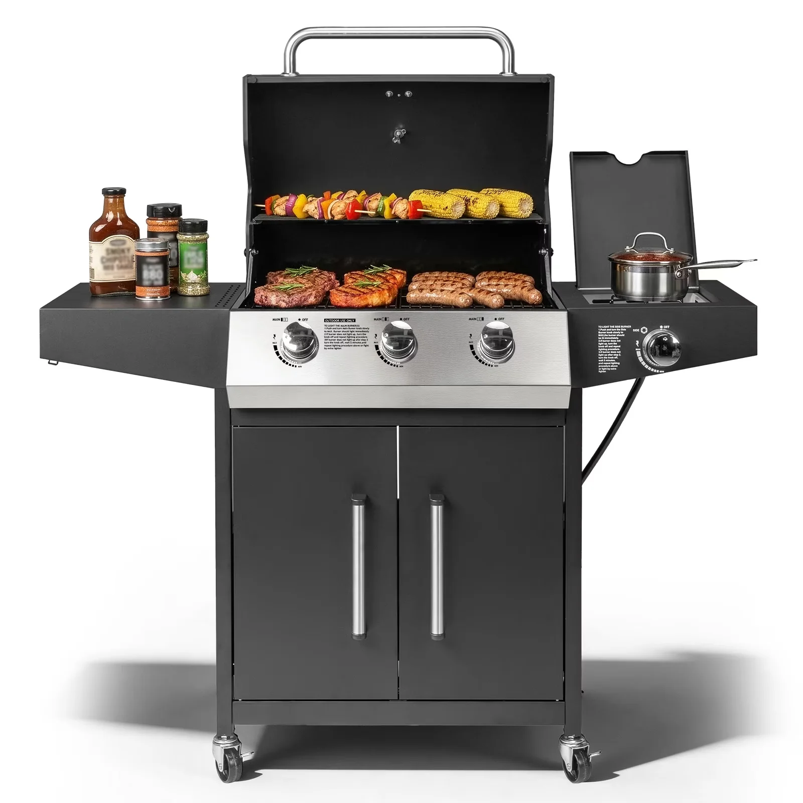 Gas Grill Professional with 46000 BTU, Portable, Side Stove - Metal Black for Patio, Outdoor Model 9B3C69