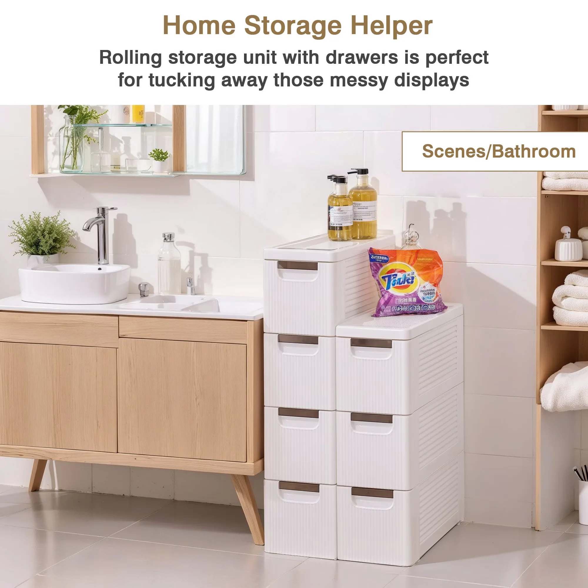 Classic Kitchen Renovation with Wheeled, Modern, 4 x Bathroom Cabinet Drawers - White Pp Material Model DEC481