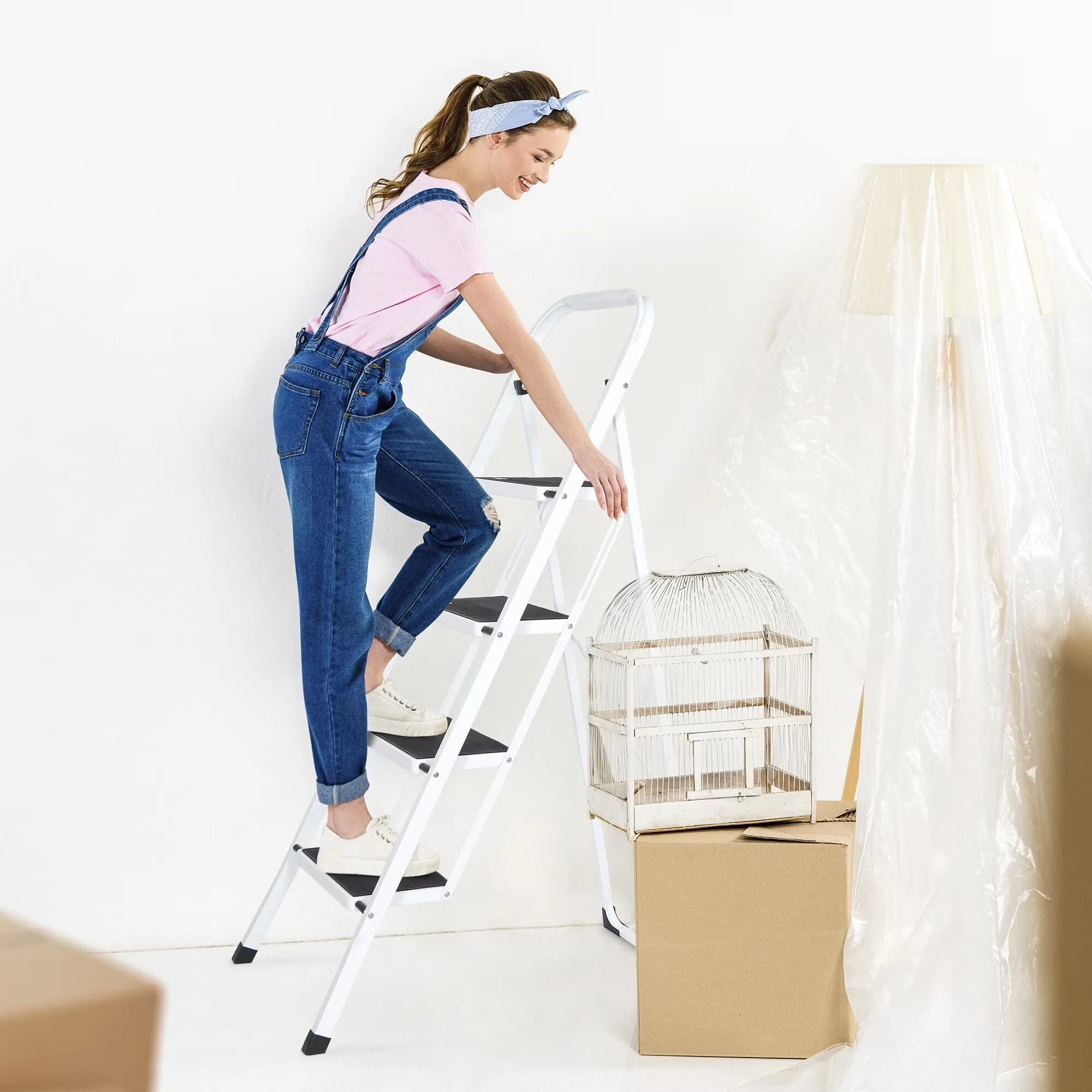 Ladders And Step Stool Efficient with Maximum Load: 300 pounds, Specifications:, White - White Steel, Pp, Rubber Model 824FE7