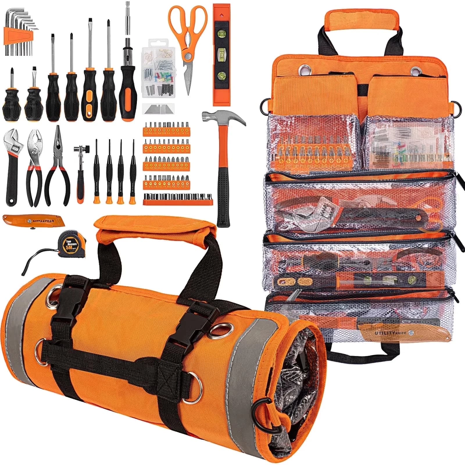 Hand Tool Set Compact with Heavy-Duty, Measuring: 16ft tape, 9" magnetic level, Special: Claw hammer. - Orange Model 46271C