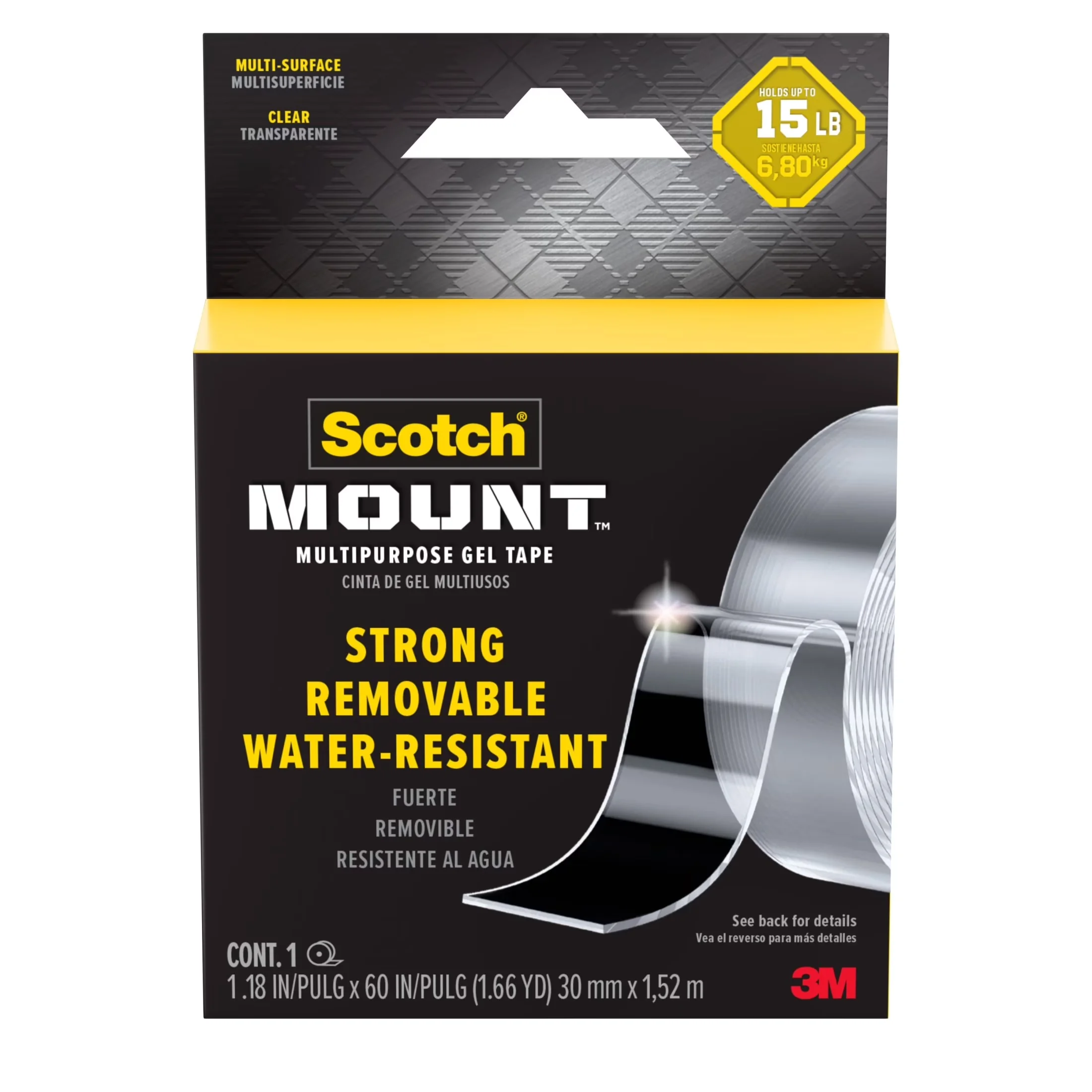 Compact Damage-Free Hanging with Holds 15 lbs, Clear, Mount Multipurpose Gel Tape - Clear Gel Tape Model 02810E