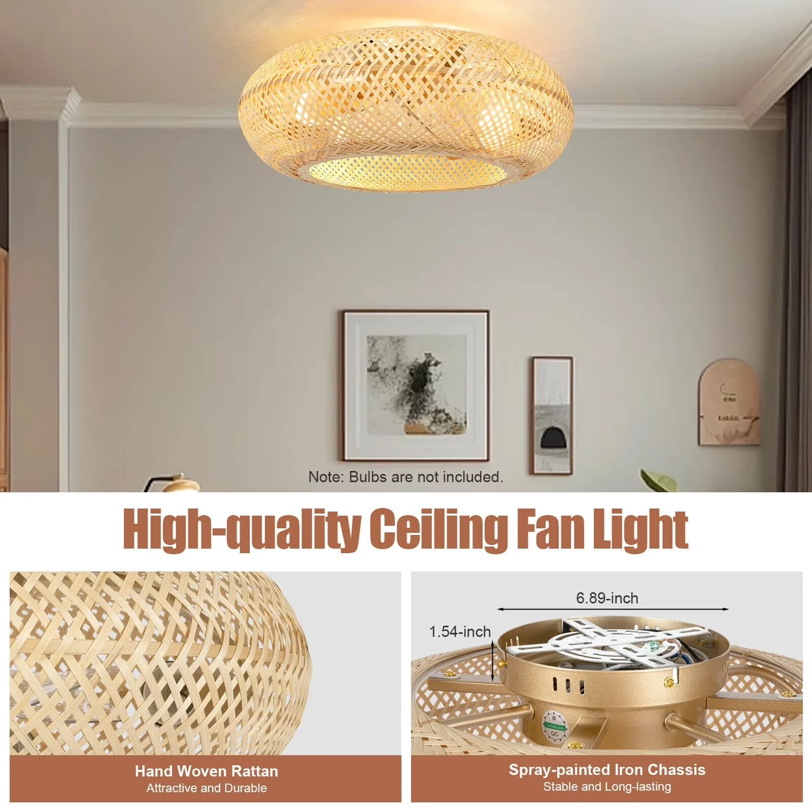Professional Ceiling Fan with 110V, Remote Controlled - Woven Rattan Gold Model 3ADA6F