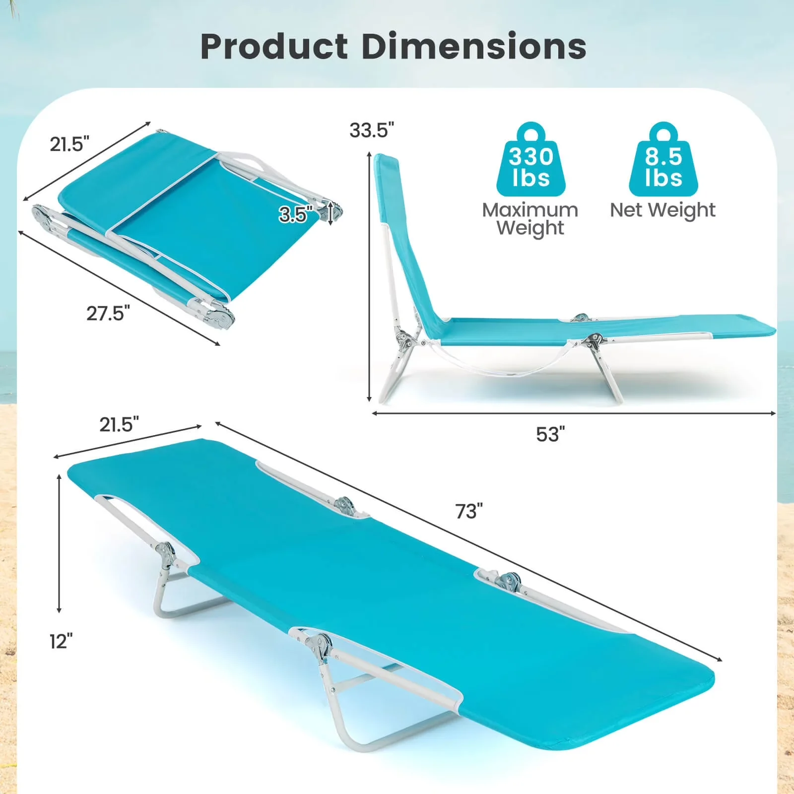 Stylish Beach Chair with Adjustable Backrest, Reclining, 2 PCS Outdoor Folding Chaise Lounge for Patio - Model DE49BF