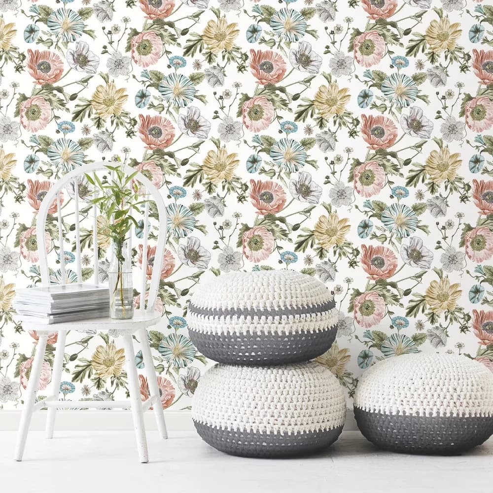 Classic Wallpaper with Removable, Vintage Poppy Peel & Stick 30.75 Sq. ft - Pink Vinyl Model 0BCBE8