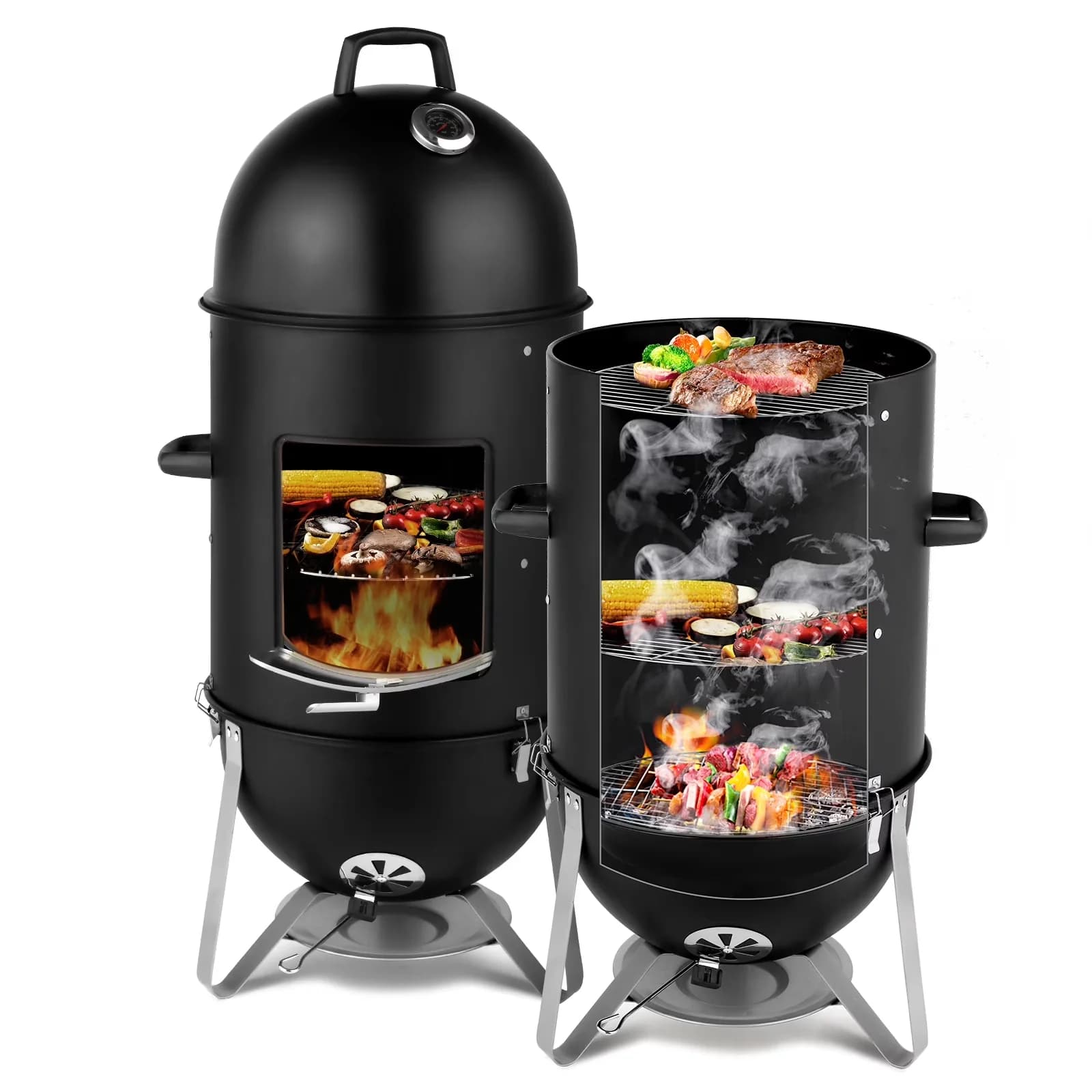 Compact Smoker with Adjustable Air Vents, Vertical Steel Charcoal - Black Galvanized Steel, Chrome Plating, Enamel for Outdoor Model 18C363