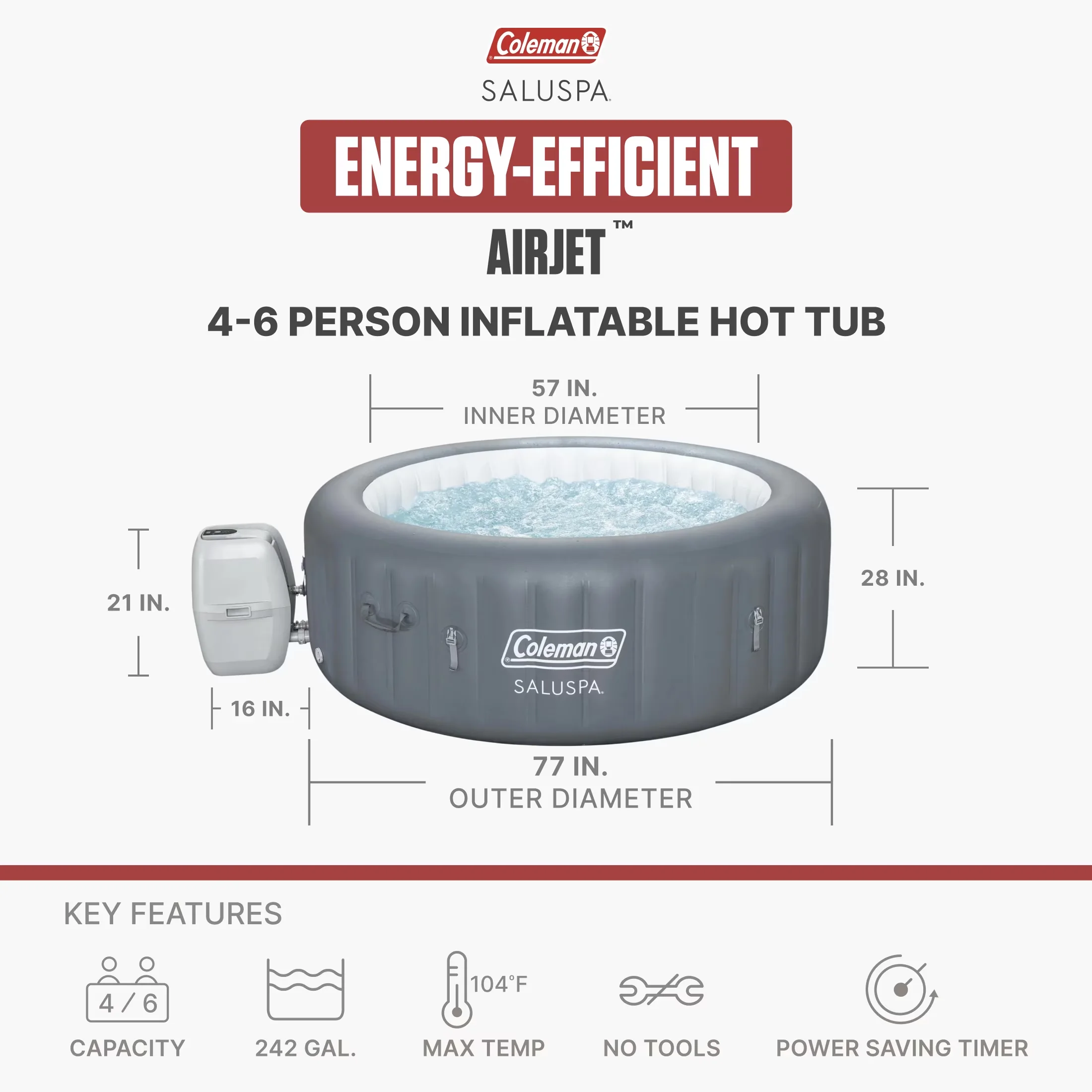Hot Tub Sleek with Energy Efficient, Grey, 77"x28" - 4-6 - Space-Saving Design Model F6EF98
