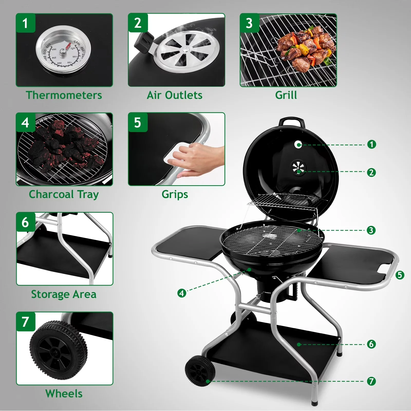 Essential Charcoal Grill with Portable, Kettle - Black Porcelain Enamel, Chrome Plated, Galvanized Steel Model 5B60D3