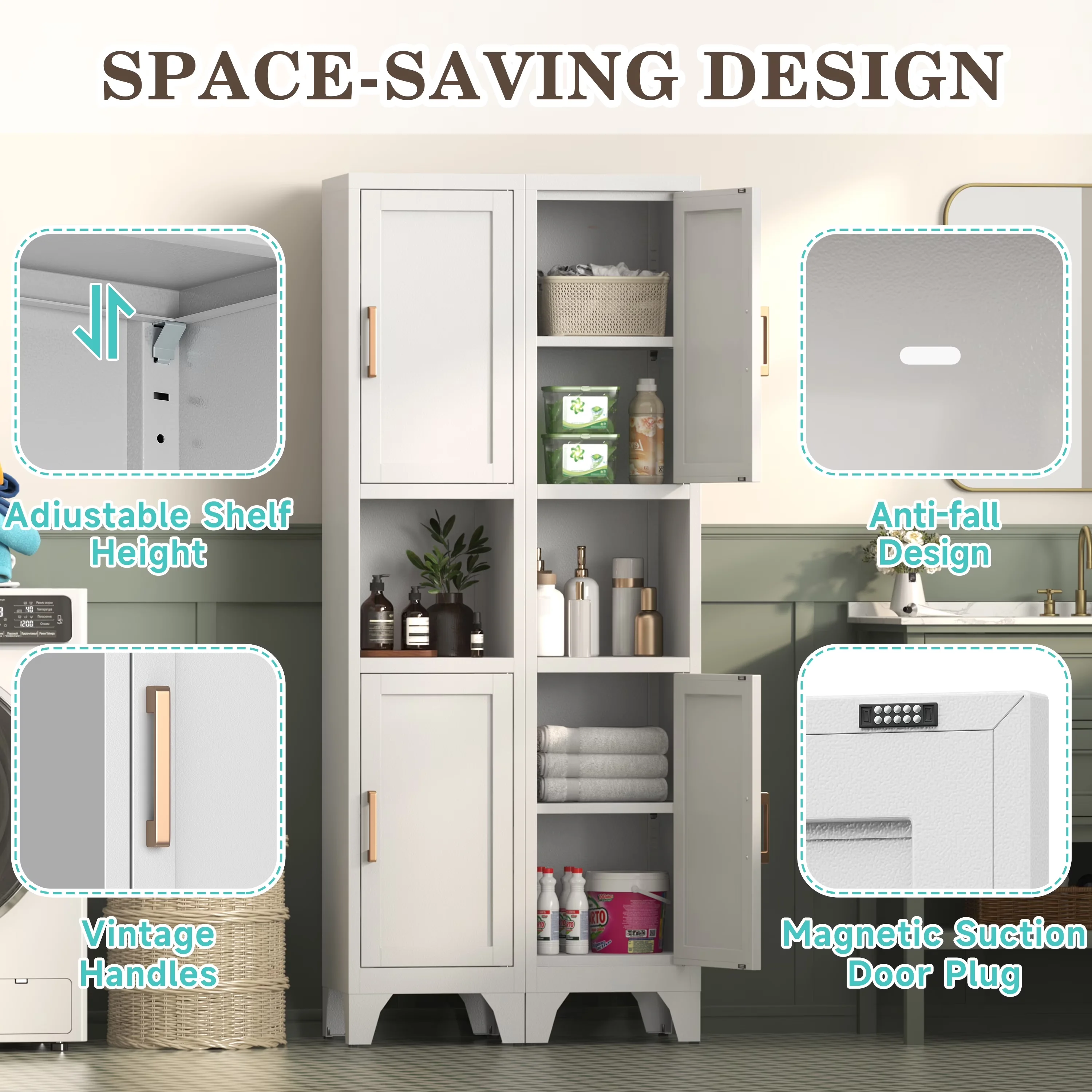 Classic Kitchen Renovation with Modern, Adjustable Feet, Adjustable Shelves - Metal 66.93"H-2 Door-White for Small, Kitchen Model 705BF9