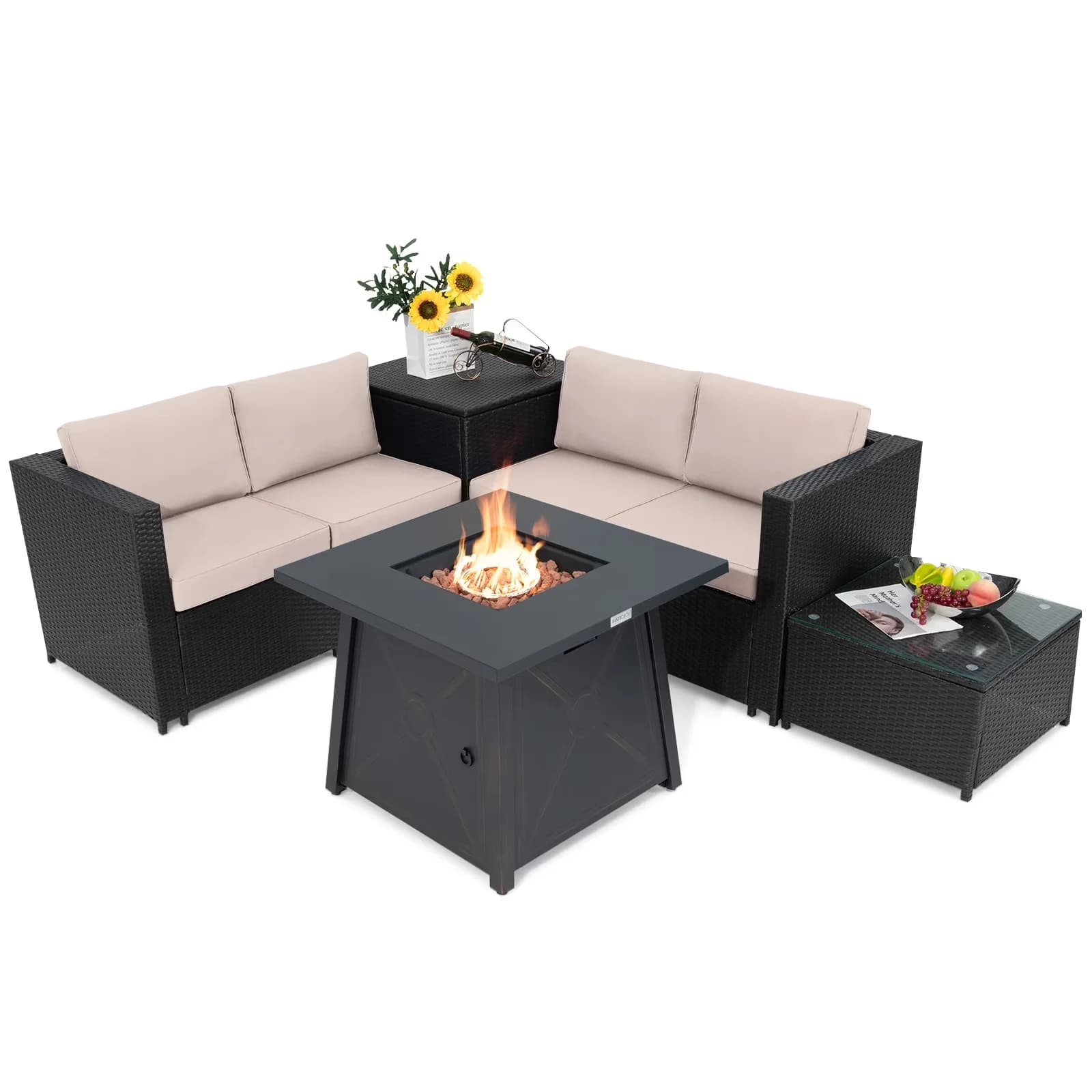 Innovative Patio Conversation Set with 50000 BTU, Storage, 5-Piece Outdoor Furniture - Beige Pe Rattan, Steel, Polyester, Sponge,... Model 7308DF