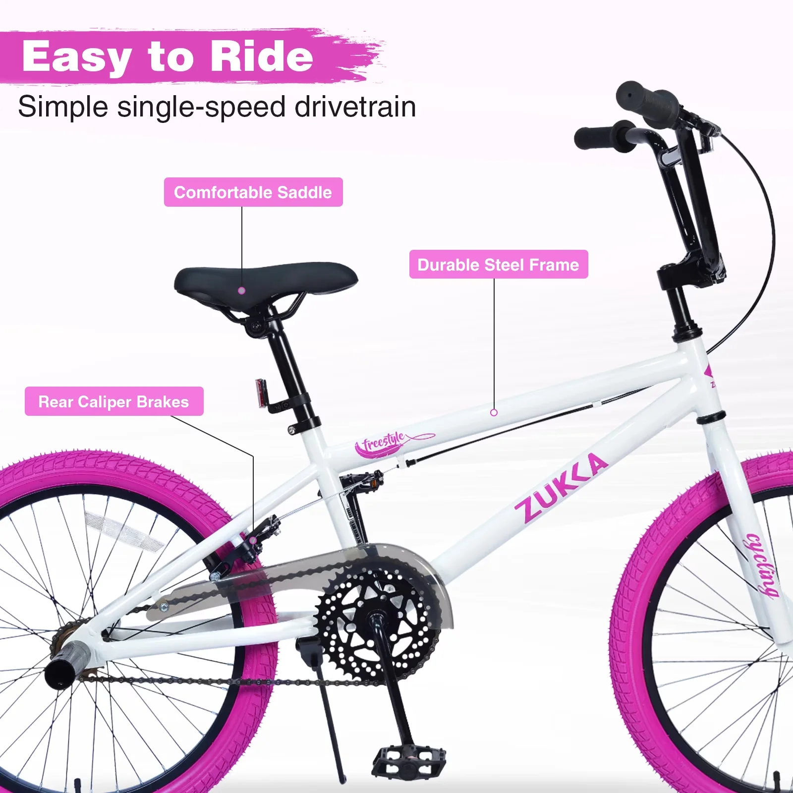 Stylish Mountain Bike with Adjustable Seat Height, Lightweight, 20 Inch Freestyle MTB - White Model F4F8FB