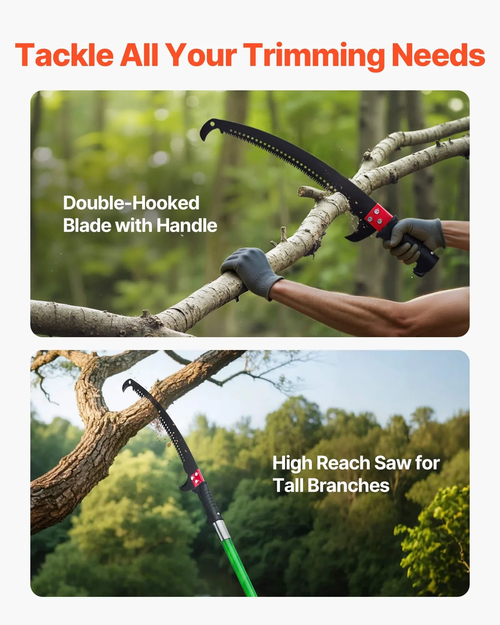 Classic Pole Saw with Sharp 65Mn Steel Blade, Lightweight Fiberglass Handle, Double-Hook - Model D7AA79
