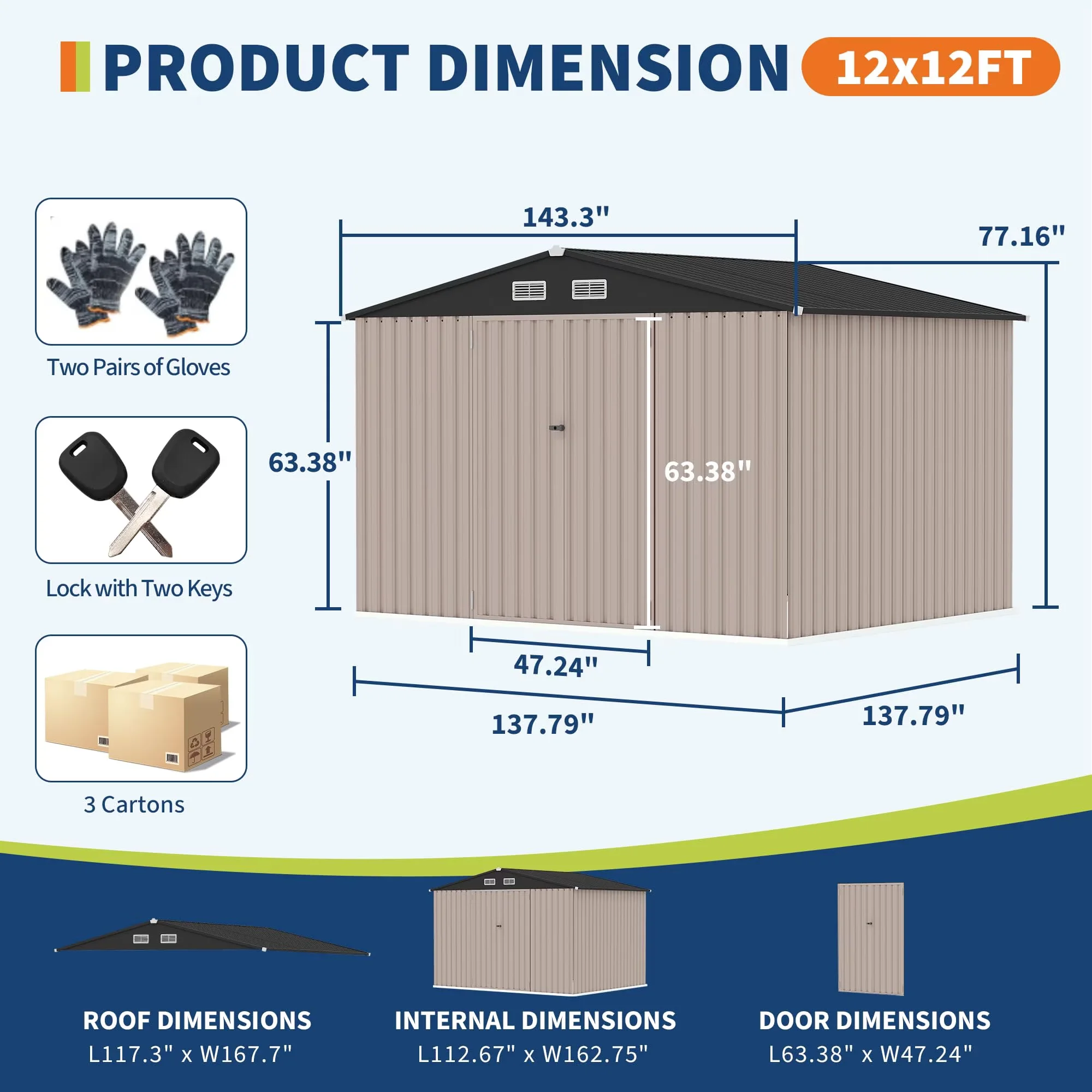 Durable Shed with Lockable Door, Metals Utility Buildings With Air Vent, 12x12 FT Metal Storage Sheds Outdoor - Brown Metal Model 2AA657