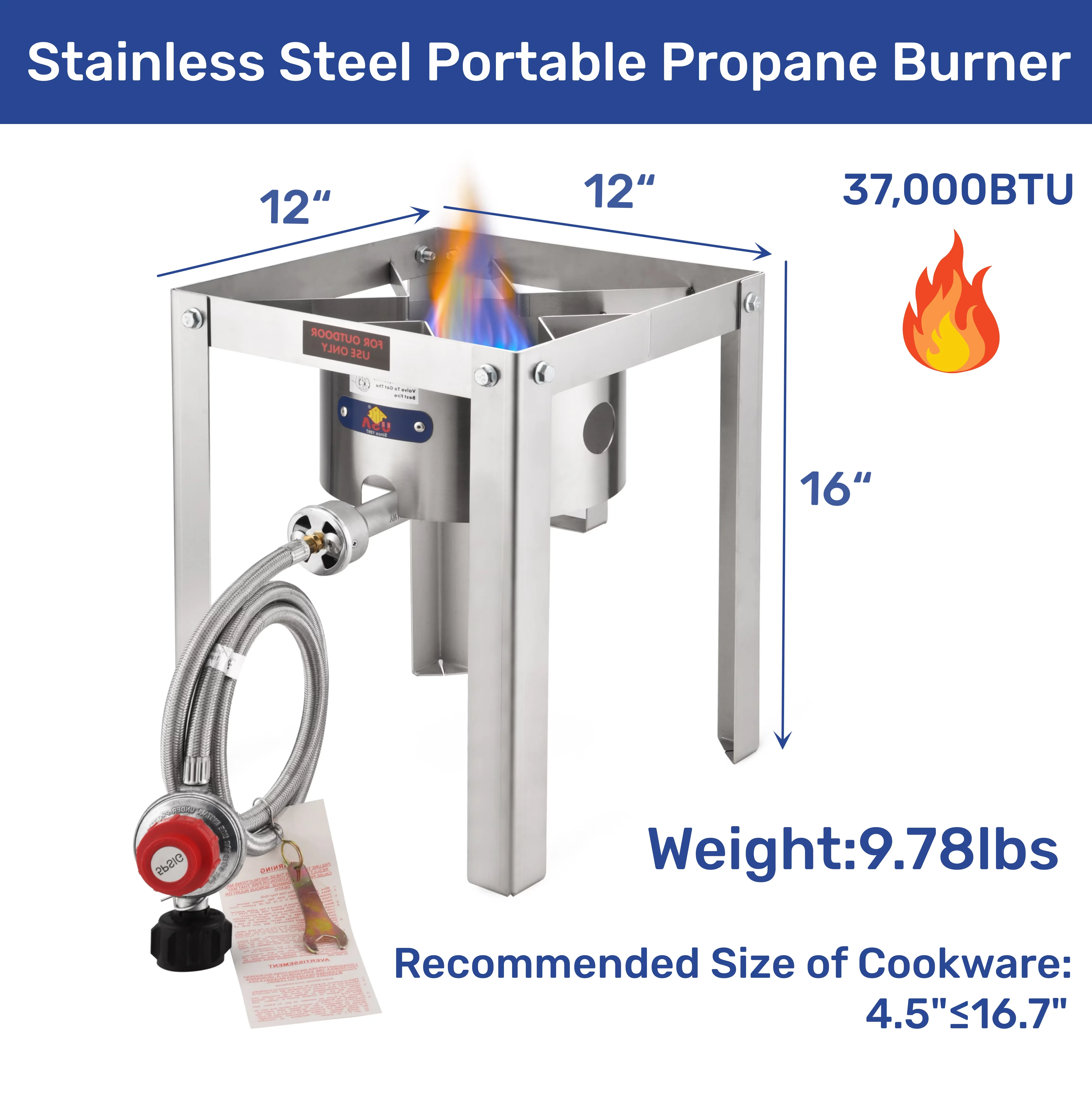 Durable Outdoor Fryer with 55000 BTU, Portable Propane Burner - Silver Stainless Steel Model 9B8A45