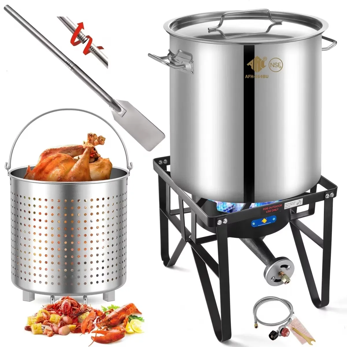 Classic Outdoor Fryer with 200000 BTU, Heavy Duty Propane Burner, 64QT Stainless Steel Seafood Boil Pot - Stainless Steel, Cast Iron... Model CBC8AC