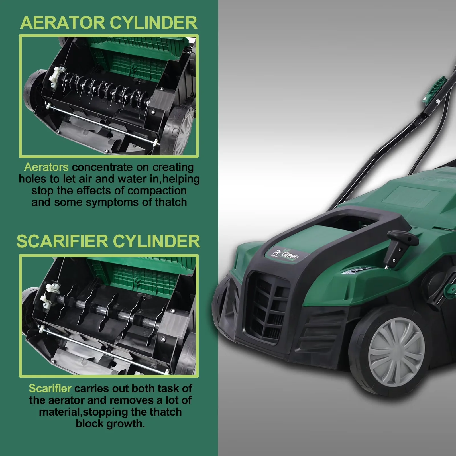 Quality Push Mower with Folding Handle, Adjustable Cutting Height, Garden Scarifier - Green#54 Model A615D7