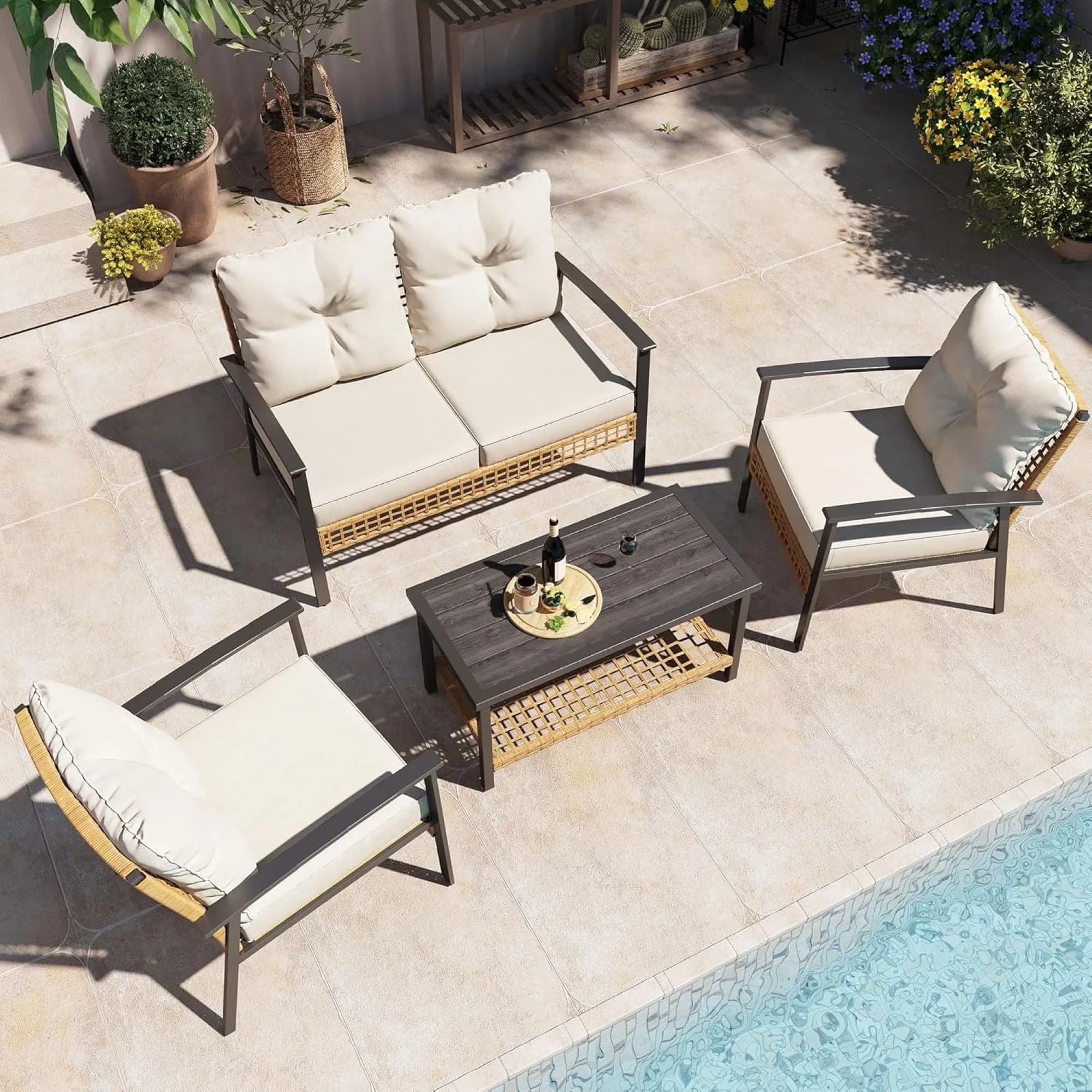 Versatile Patio Conversation Set with Storage, Weatherproof - Pe Wicker, Steel for Garden Model F7E045