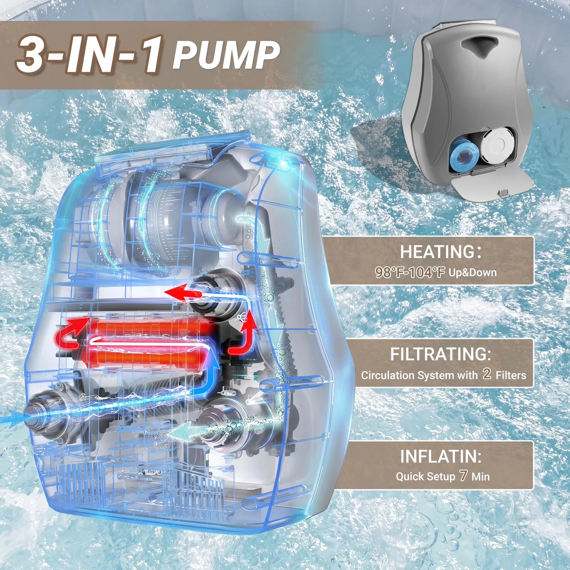 Modern Hot Tub with Led Display, Inflatable - Brown for Outdoor 6-8 - Heavy Duty Model 523923