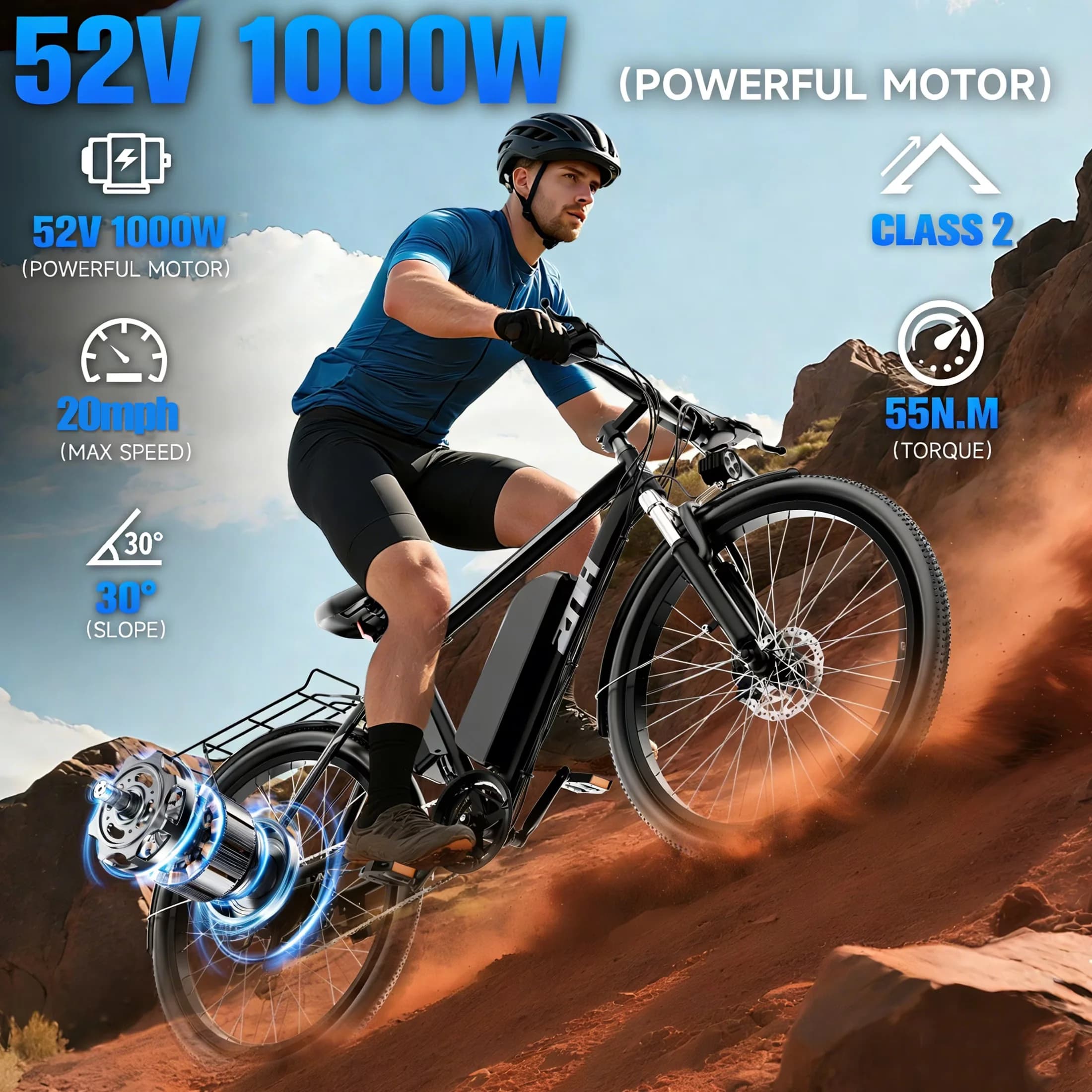 Electric Bike Stylish with 1000W, 52V, Adjustable Speed - Black - Satisfaction Guaranteed Model 7DD066