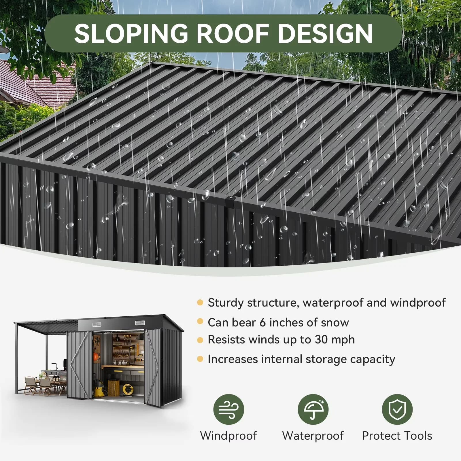 Shed Stylish with Waterproof, 50 Sq. Ft Outdoor Tool, Metal Storage - Black Metal Model 796962