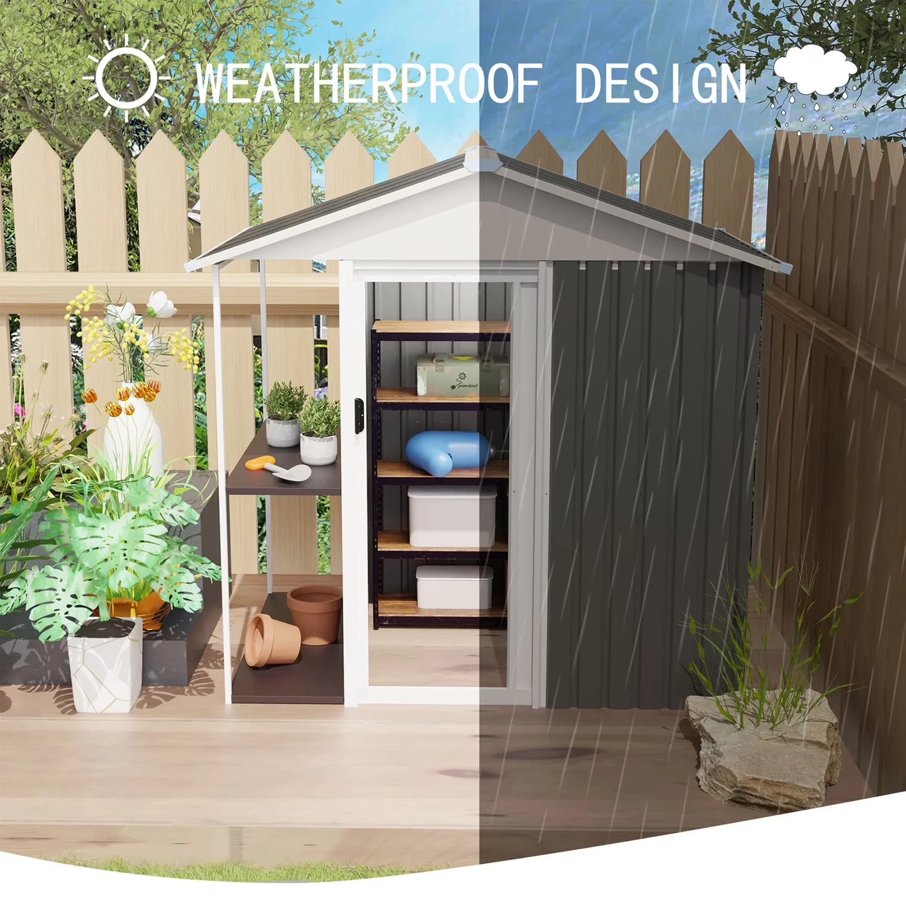 Classic Shed with Waterproof, Metal Shelving - Grey Metal 6 x 4 - Contemporary Style Model F0081F