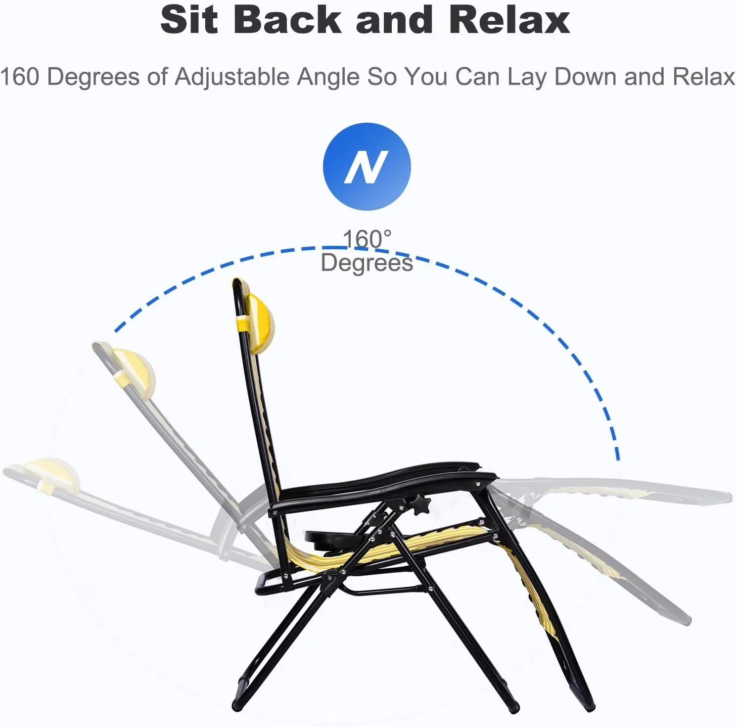 Classic Beach Chair with Folding, Pillow and Cup Holder (Yellow Stripe) - Yellow Stripe Model A83113