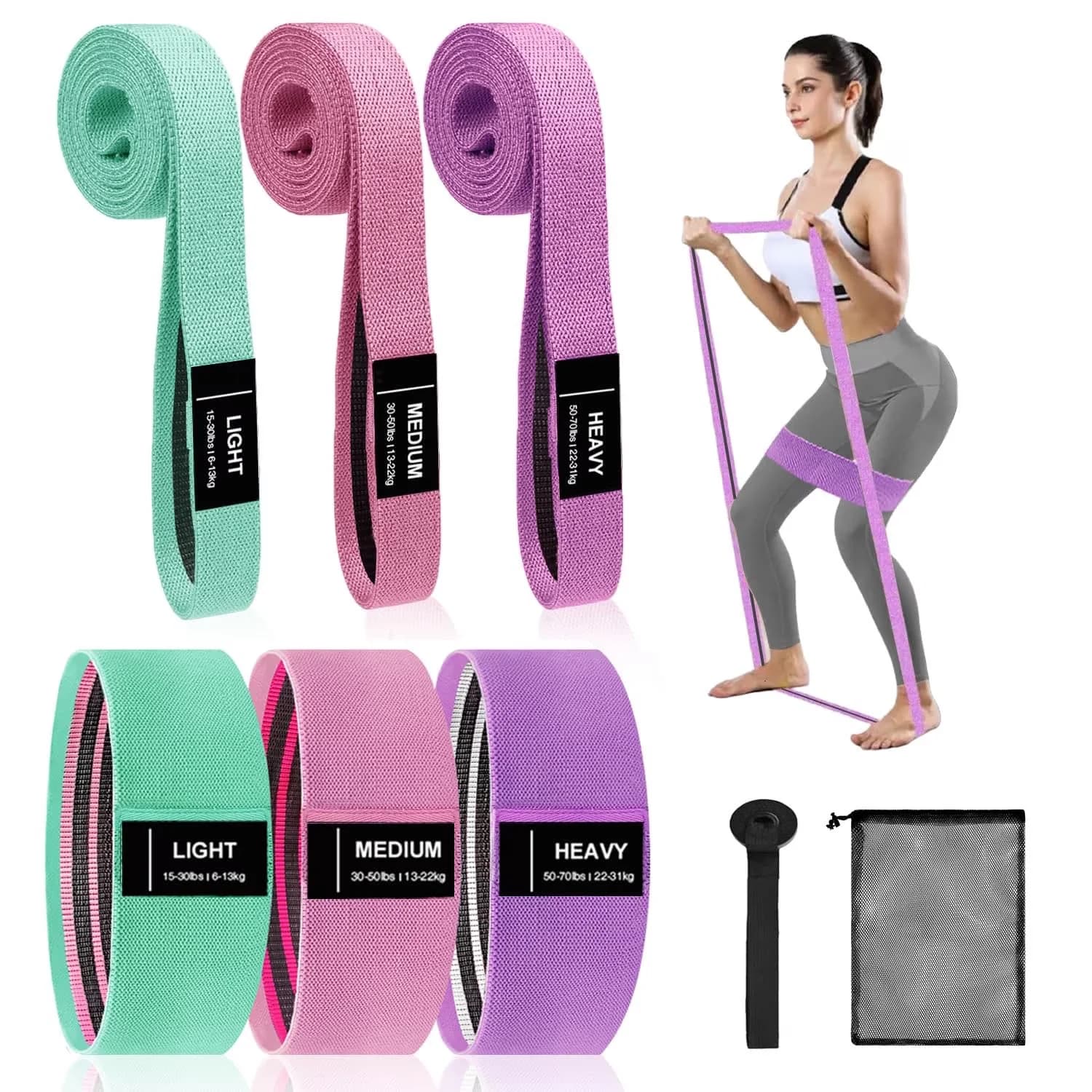 Essential Home Gym Accessory with Adjustable Straps, Color:Green, Pink, Purple 7 PCS - Multicolor Cotton, Natural Rubber for Home Model AEC0BE