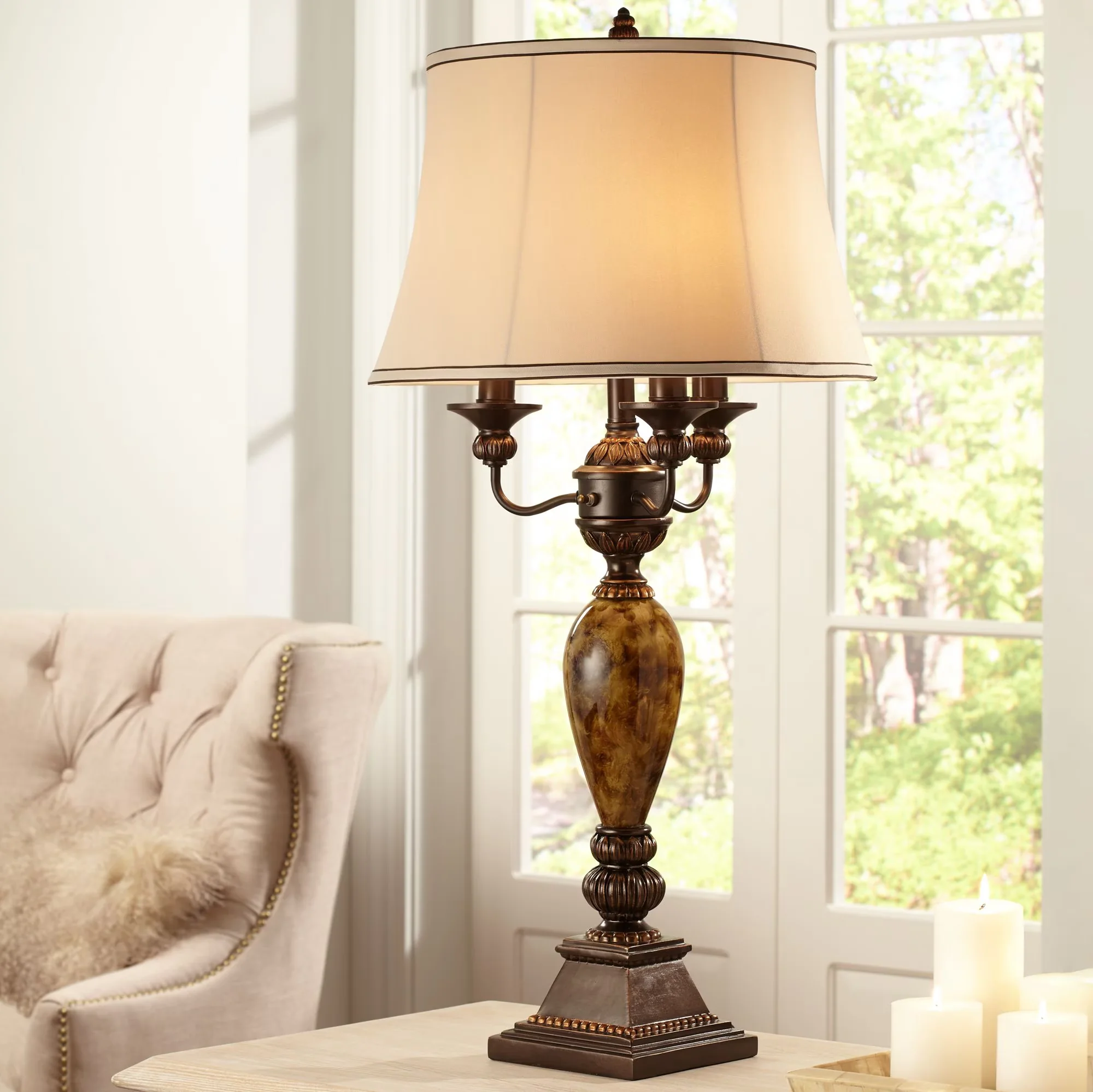 Quality Table Lamp with Incandescent, Dimmer White Bell Shade - Resin Brown for Living Room, Bedroom Model 31FC92