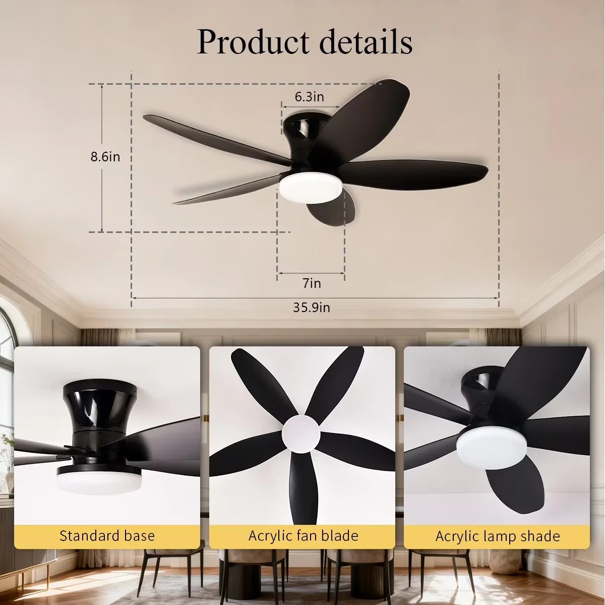 Classic Ceiling Fan with LED, Dimmable, Modern - Black for Living Room, Bedroom Model 4A097E