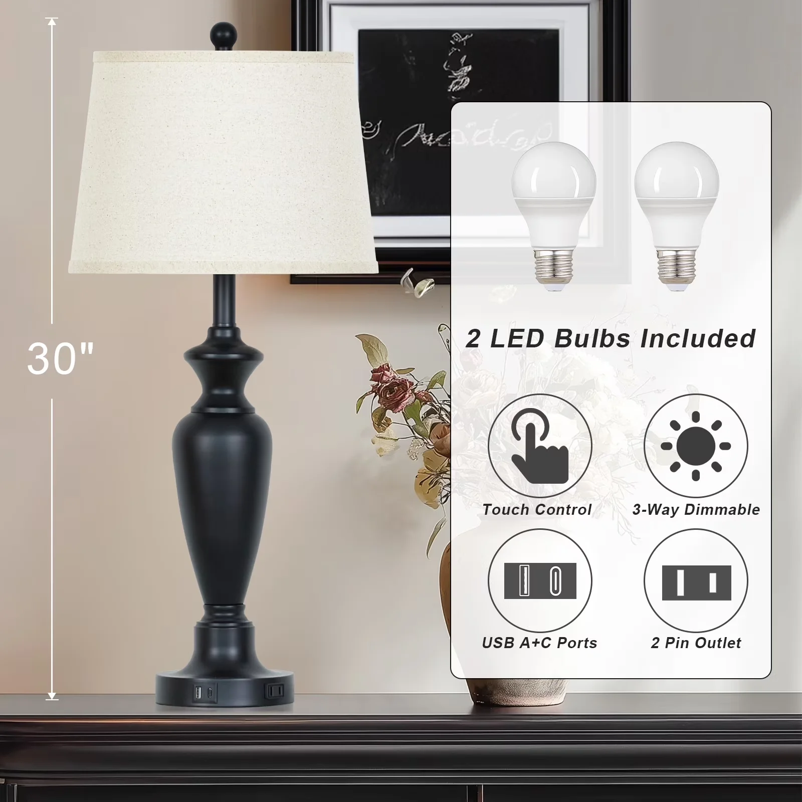 Classic Table Lamp with LED, Touch Sensor - Black Metal for Living Room, Bedroom Model 8D6052