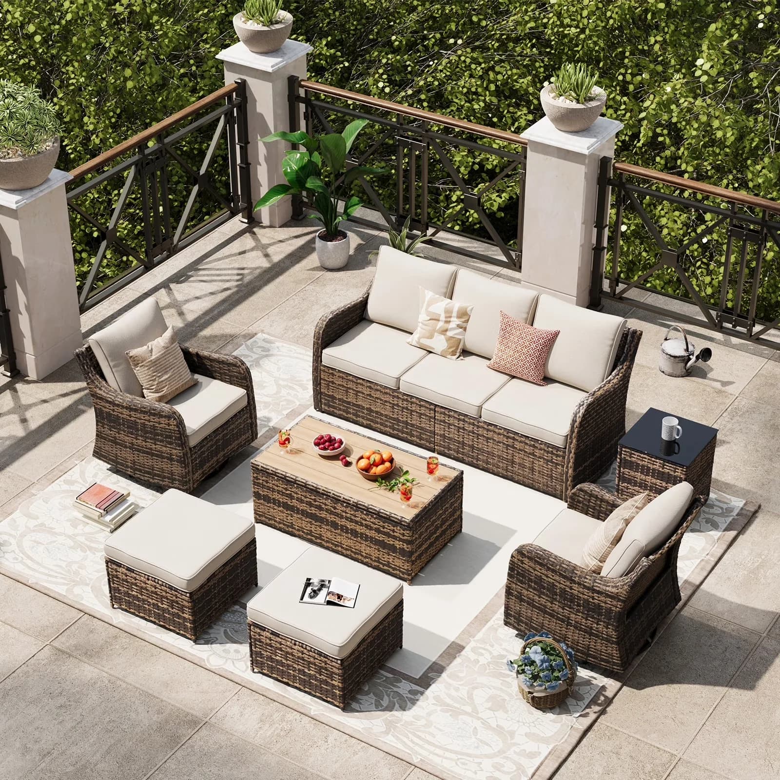 Essential Patio Conversation Set with and Coffee Table, 3-Seat Sofa, Ottomans - Model FB798C