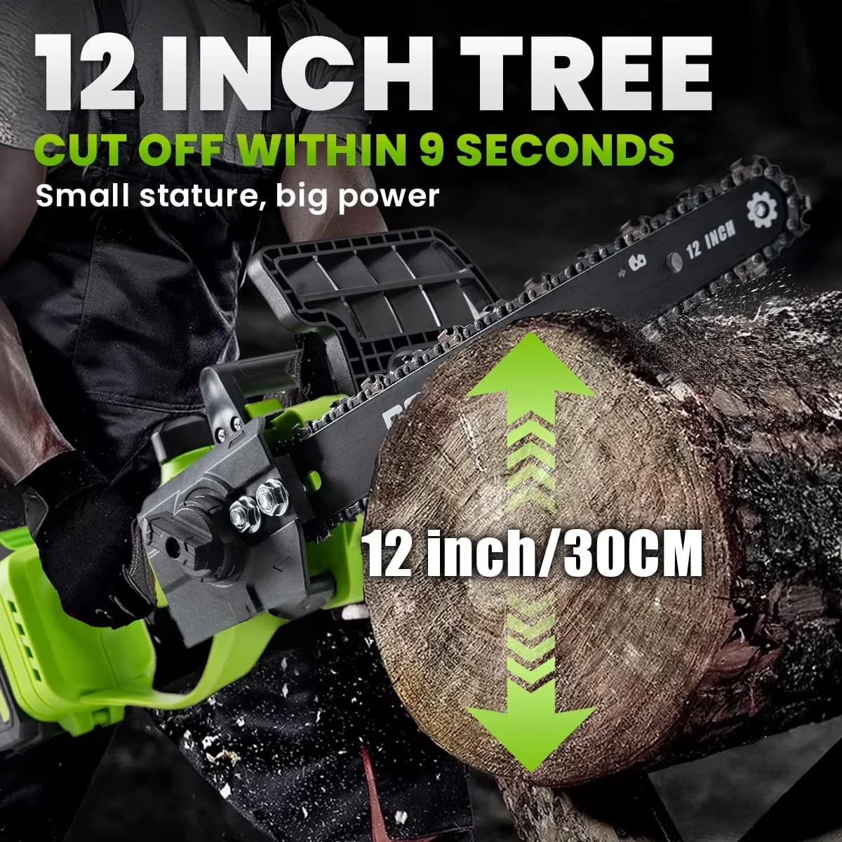 Stylish Chainsaw with Battery, Tool-Less Chain Tensioning, Automatic Chain Oiler - Green Model E771D1