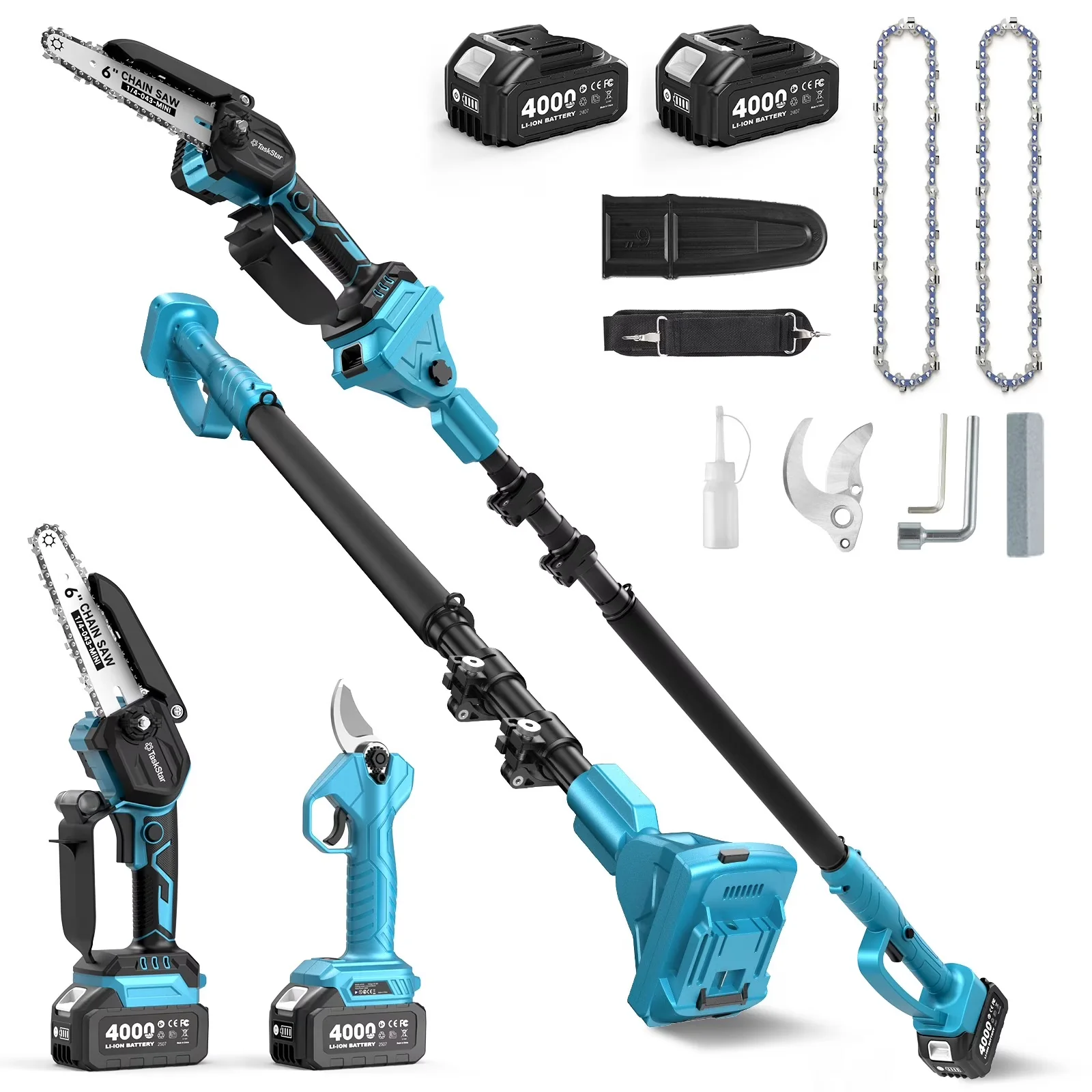 Classic Pole Saw with Battery, Automatic Chain Oiler, 9.4ft Electric Limb & Pruner Cutters - Blue Model 70F3F1