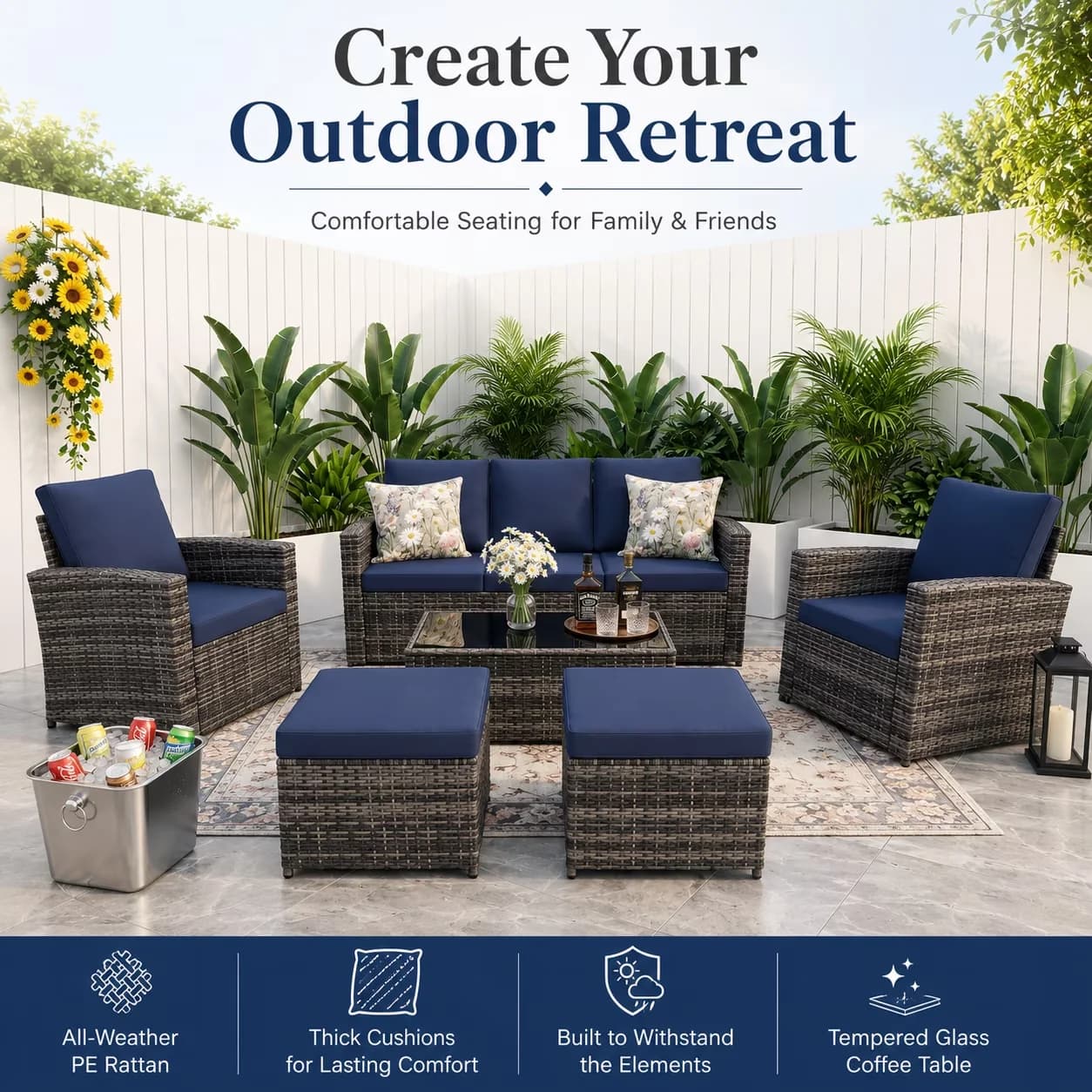 Innovative Patio Conversation Set with Cushions, Furniture on Sale - Pe Rattan+Steel+Polyester Fabric+Foam(1.7Lbs/Cu.Ft)+Tempered Glass Model 016CA5