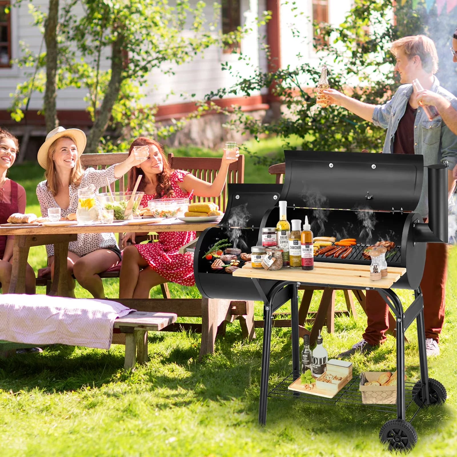 Classic Charcoal Grill with Thermometer, Offset Smoker Barbecue Oven, Wheels & Thermometer - Steel Model EA060D