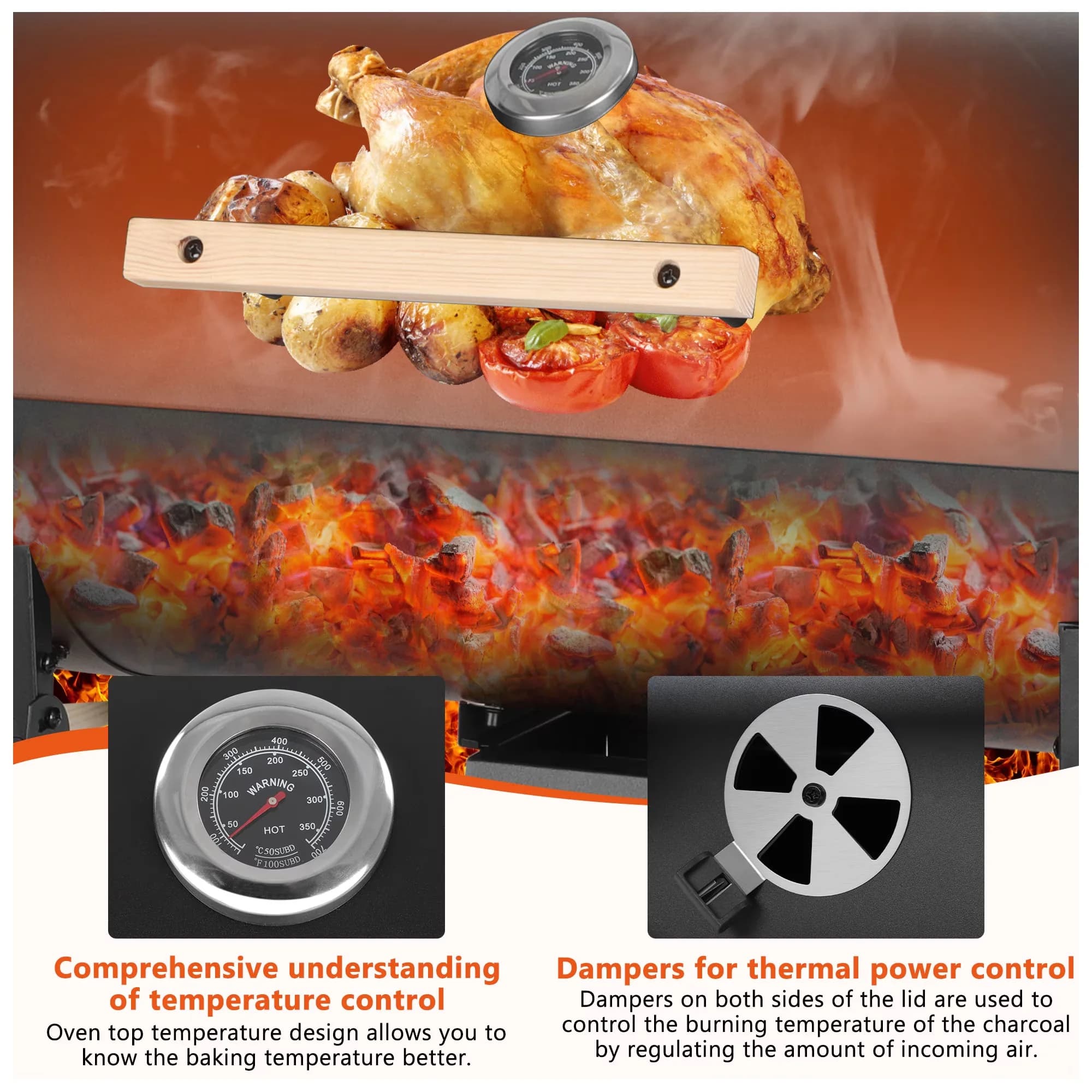 Innovative Charcoal Grill with Heat Thermometer, Thermometer & Large Cooking Space, Smoker - Steel for Camping, Picnic Model 90FFDE