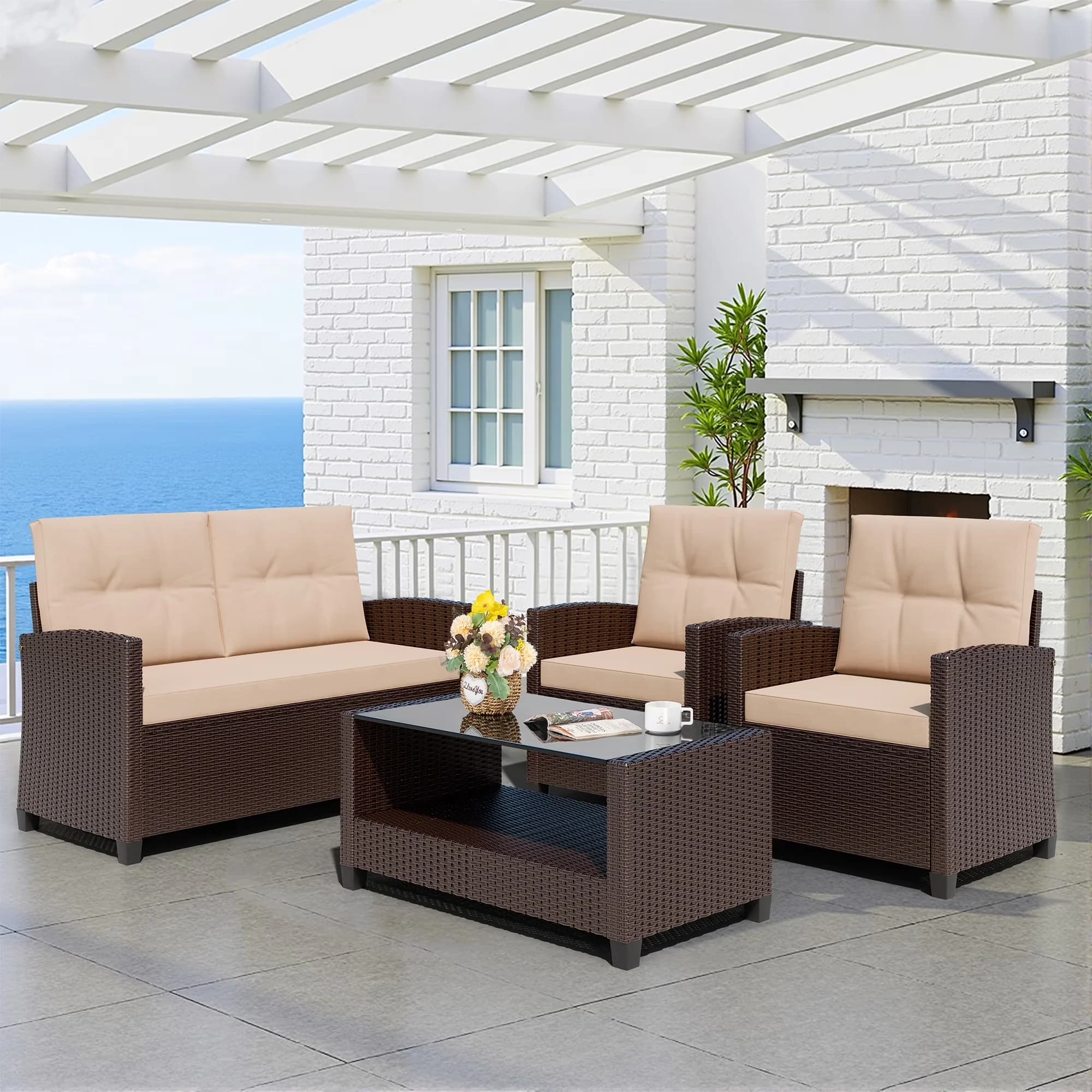 Durable Patio Dining Set with Cushion Table - Khaki Steel for Garden Pieces Model 70298C