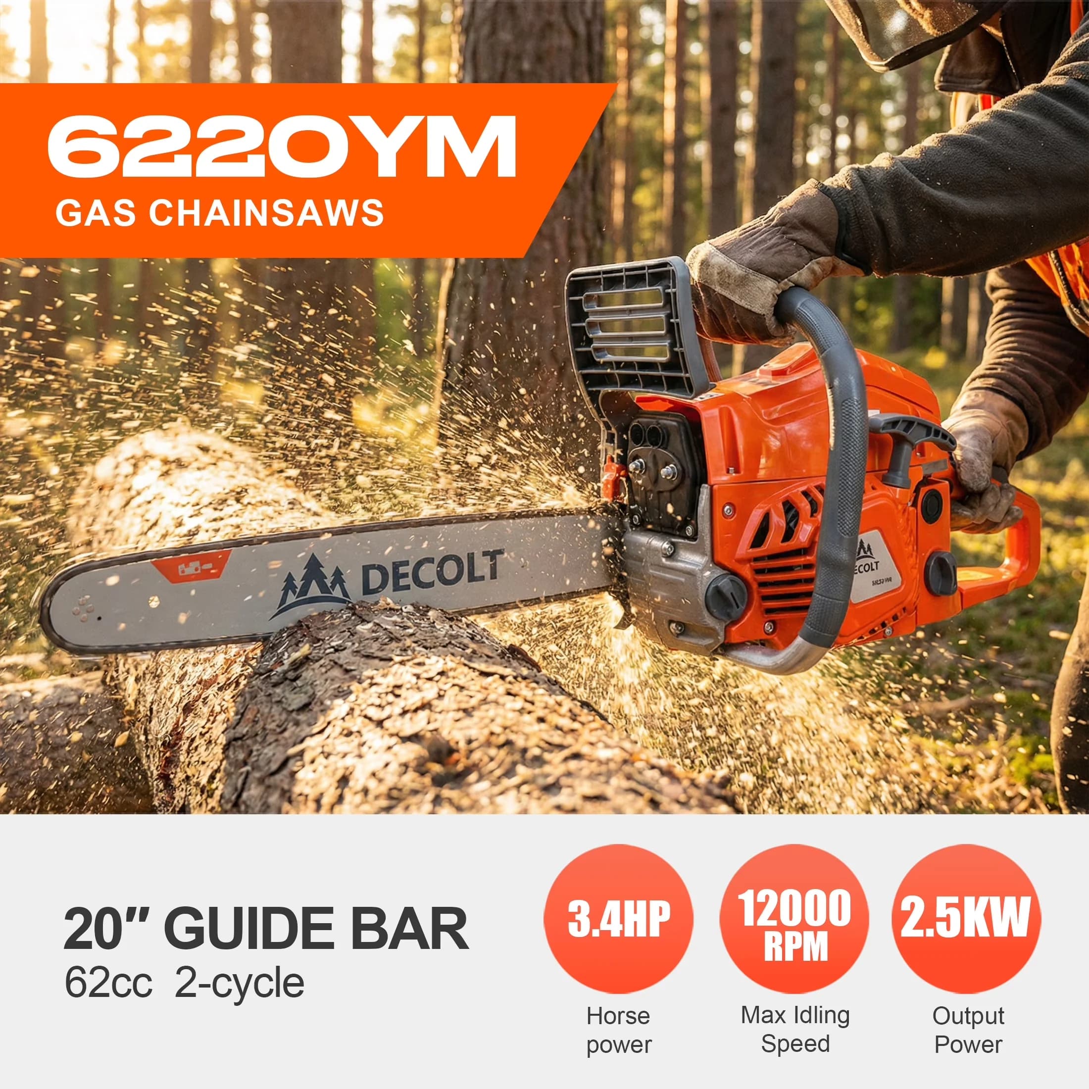 Essential Chainsaw with Automatic Chain Oiler, 62CC Gas 20” Powerful 2-Stroke Gasoline - Orange Model F93EAC