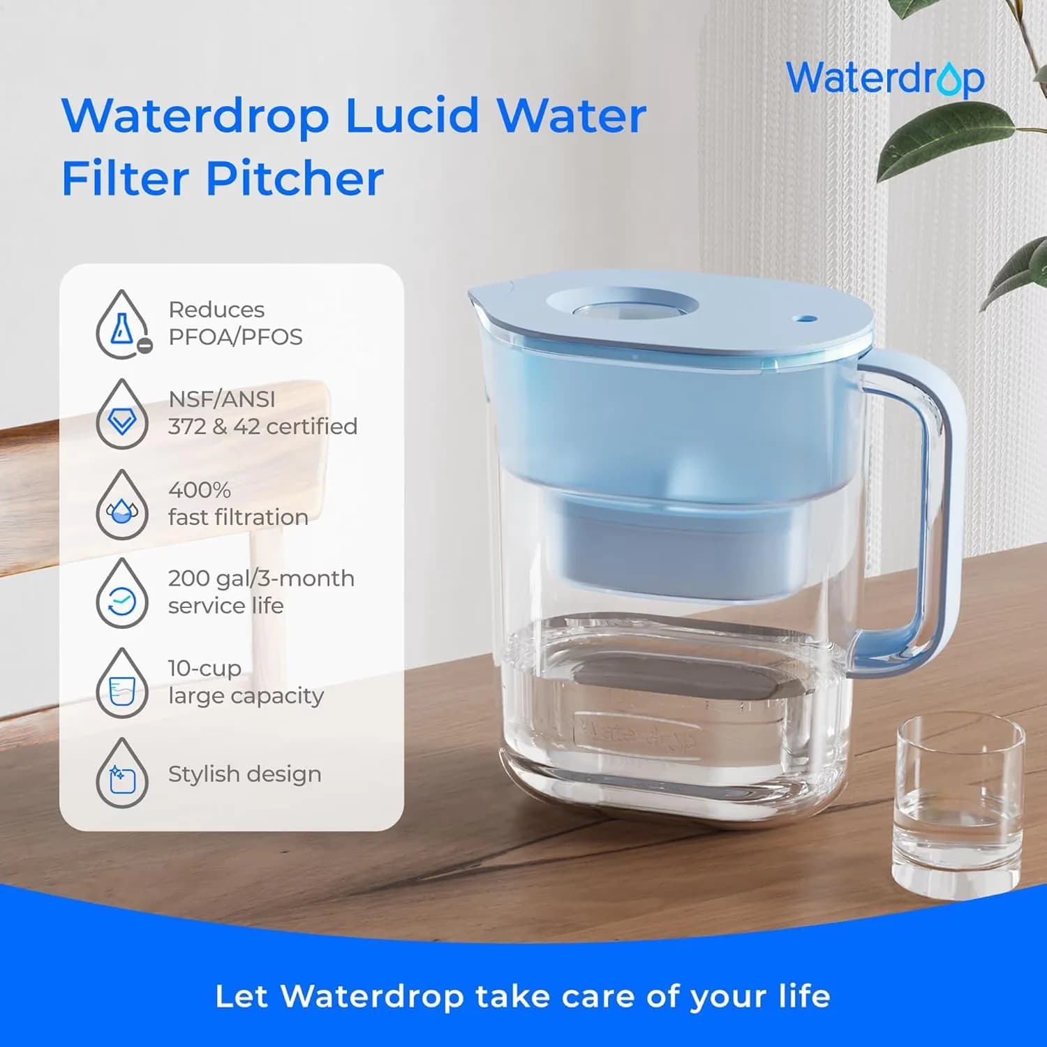 Water Filtration Professional with Alarm, BPA Free, 10-Cup Pitcher - Blue Activated Carbon Model 890BE6