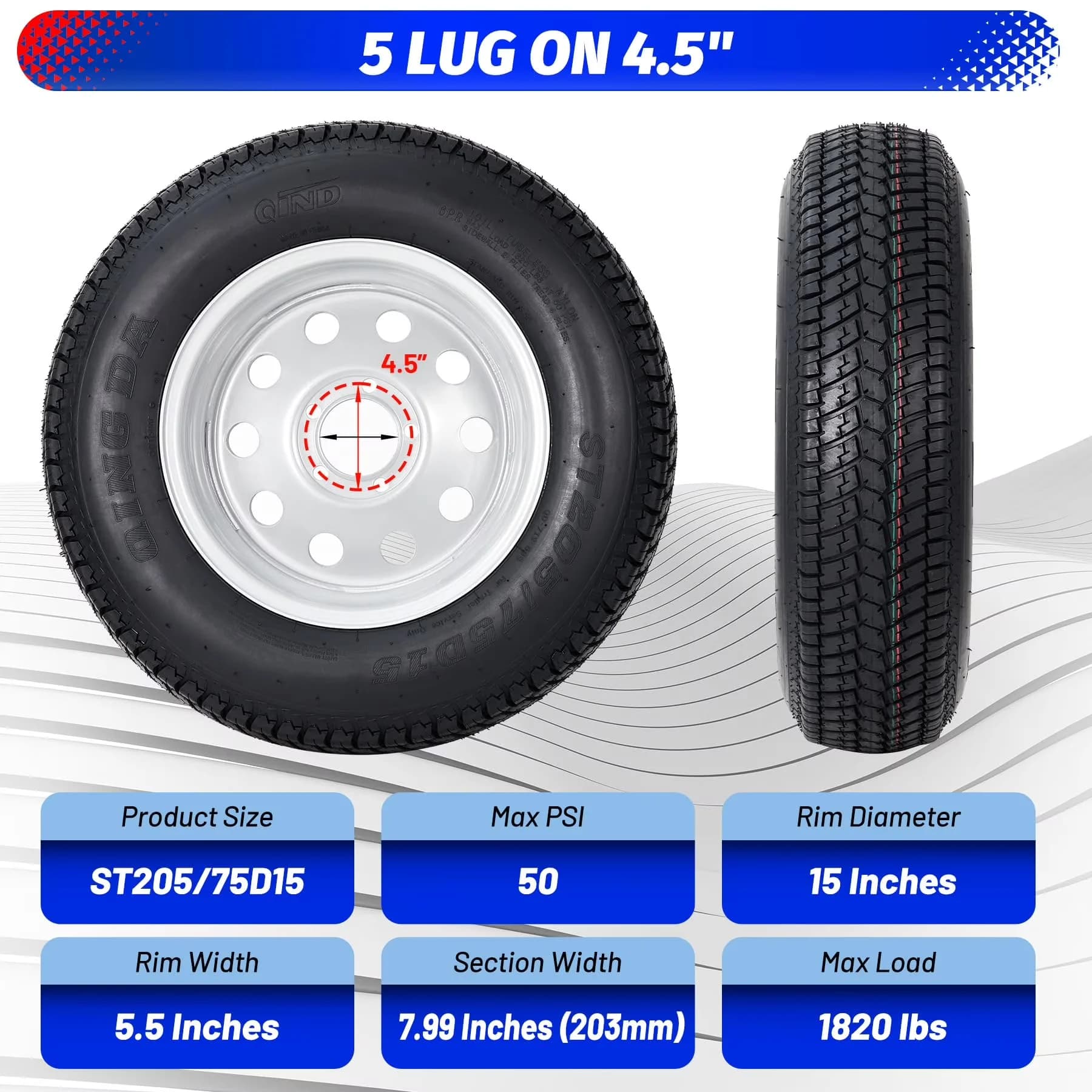 Compact Golf Cart Tire with Durable Construction, 6PR Load Range C, 5 Lug on 4.5" for Travel - Model 1E0C2D