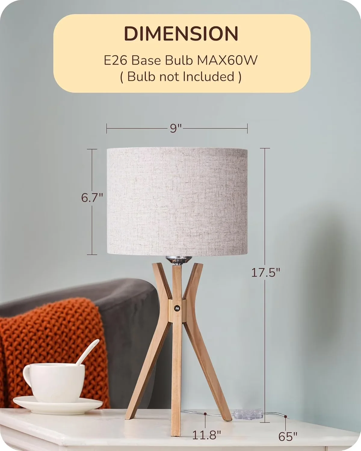 Table Lamp Classic with Incandescent, Power Outlet, 17.5" 1-Light Tripod Base - Wood Beige Model 3C09A5