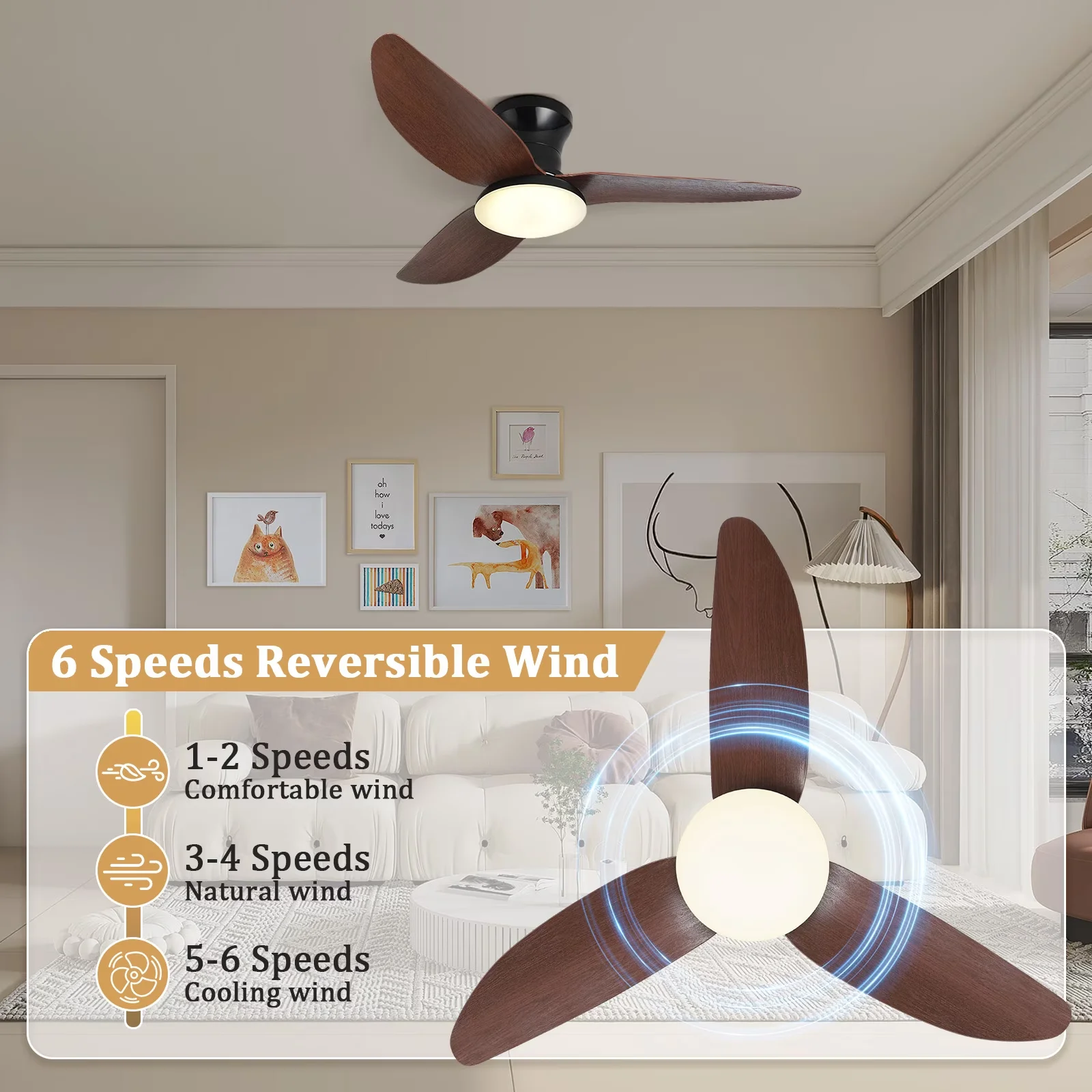Ceiling Fan Classic with LED, Remote Controlled, Modern - Acrylic Brown for Bedroom, Indoor Model AF216A