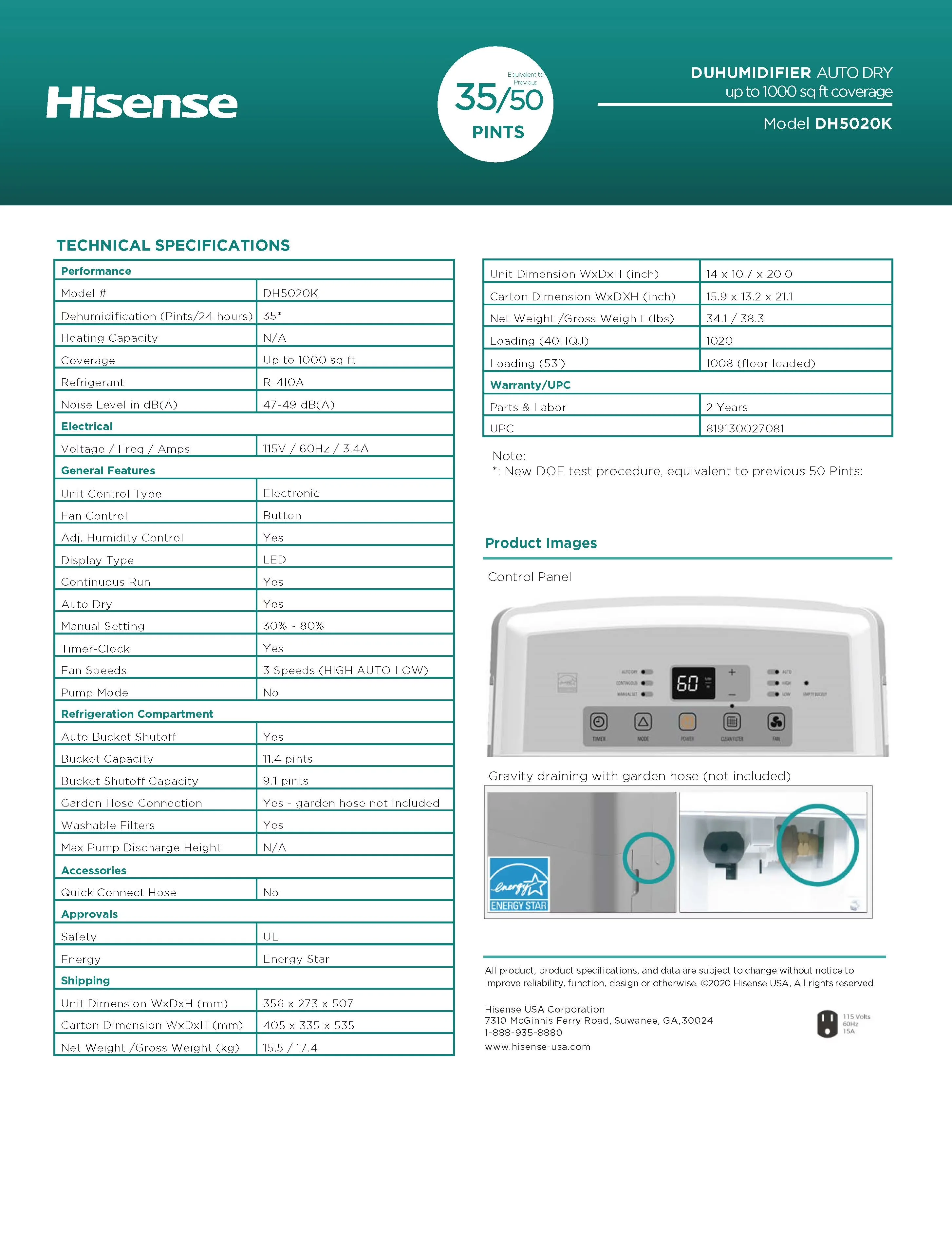 Stylish Dehumidifier with 1000 sq. ft. coverage (Refurbished) - DH5020K Model B56755