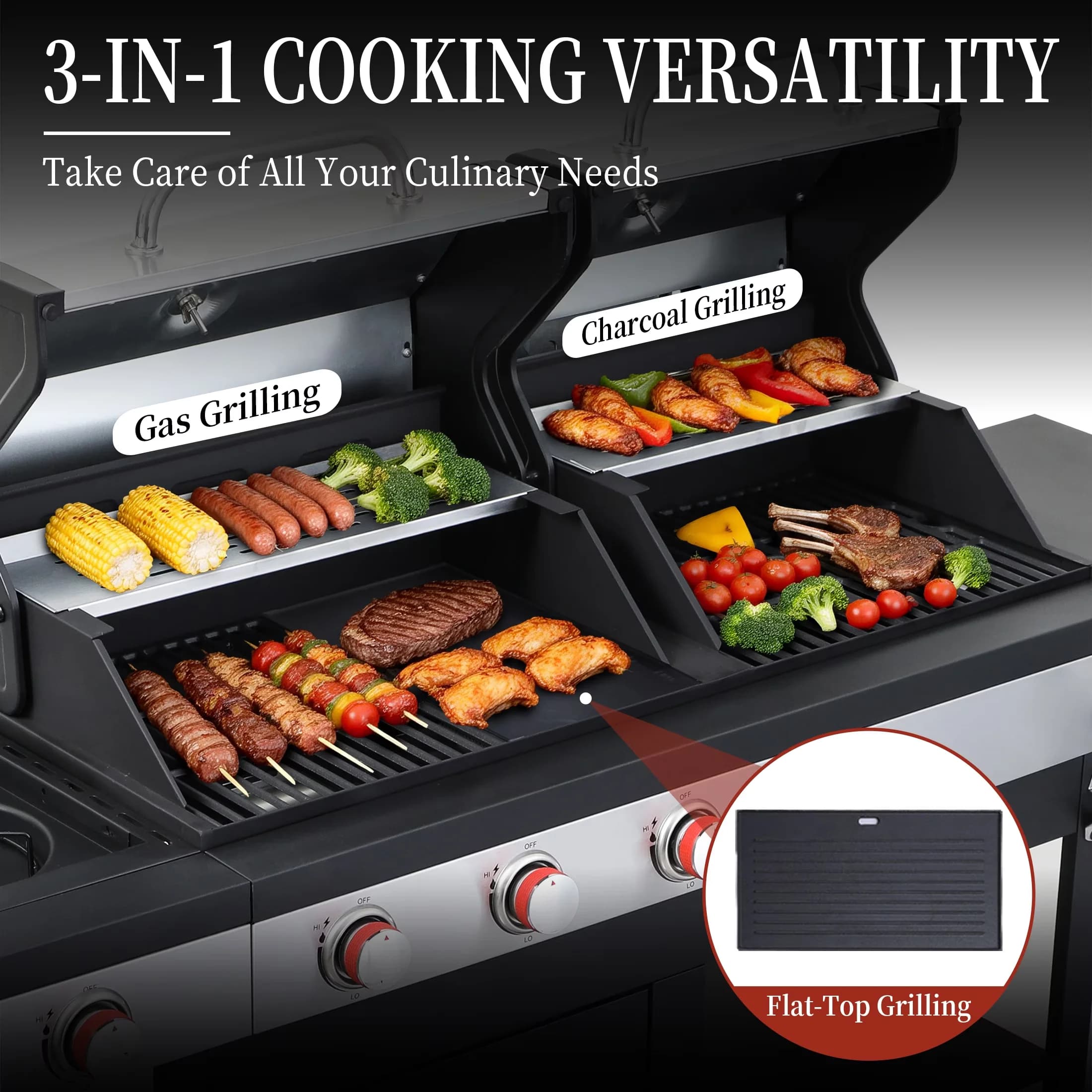 Professional Combo Grill with 41500 BTU, Grease Pan - Powder-Coated Steel, Stainless Steel, Porcelain-Enameled Cast Iron Silver for... Model ECA203