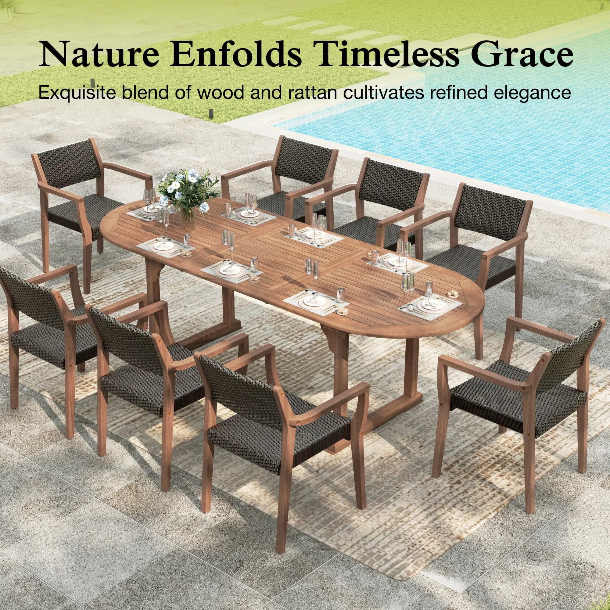 Modern Patio Dining Set with 9-Piece Outdoor Wicker Rattan Chairs, Dark Brown - Acacia Wood; Rattan Dark Brown Model 576FD3