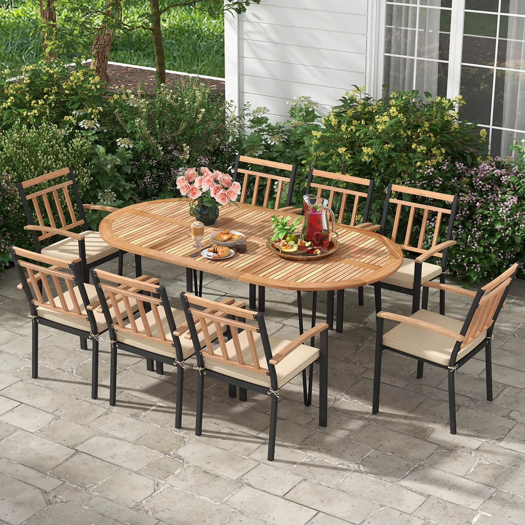 Efficient Patio Dining Set with Rustic/Lodge, 9 Pieces Outdoor - Natural & Black Acacia Wood, Metal, Sponge, Polyester Model 731538